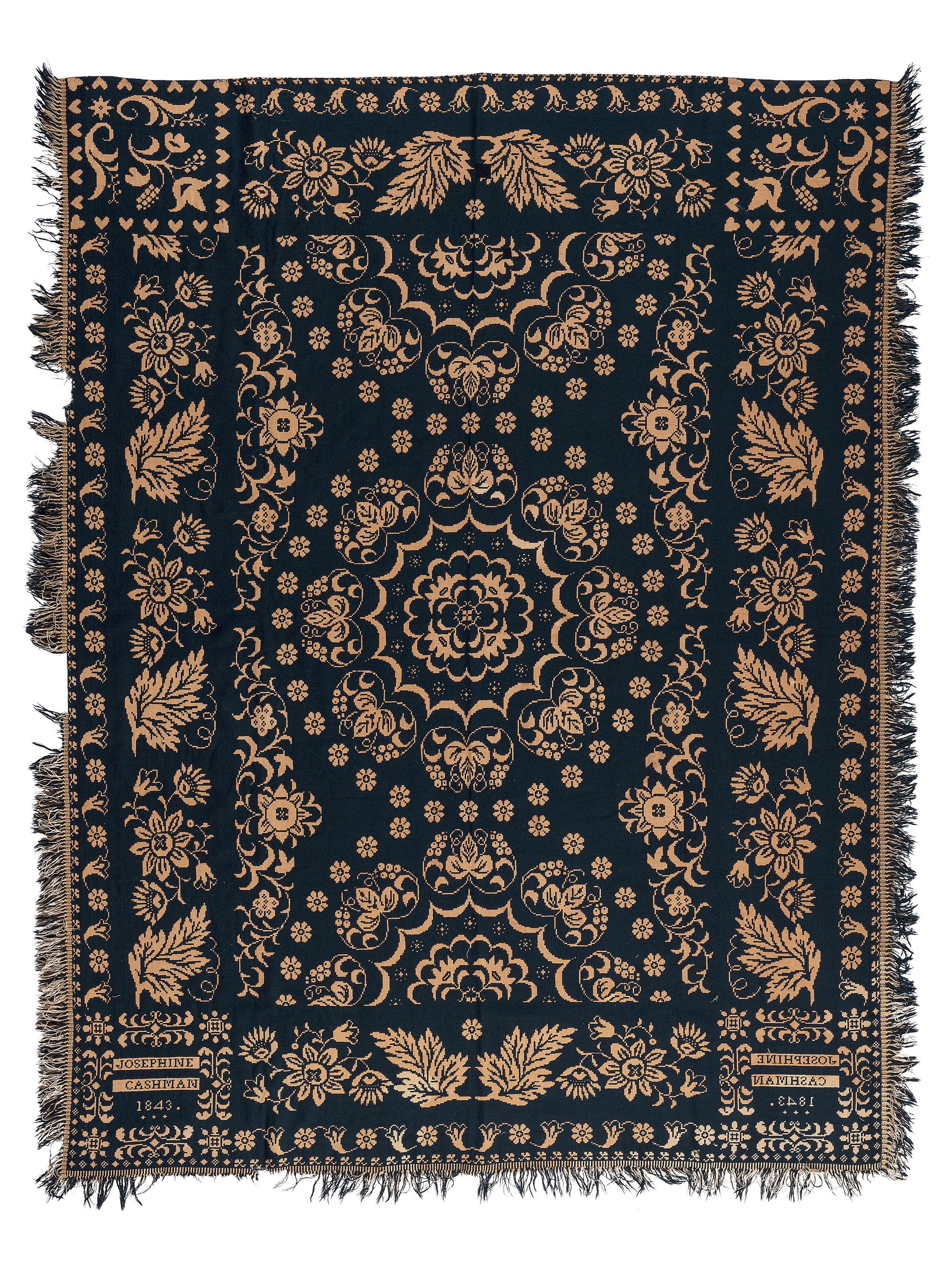 A Flower, Heart and Grape Pattern Jacquard Coverlet