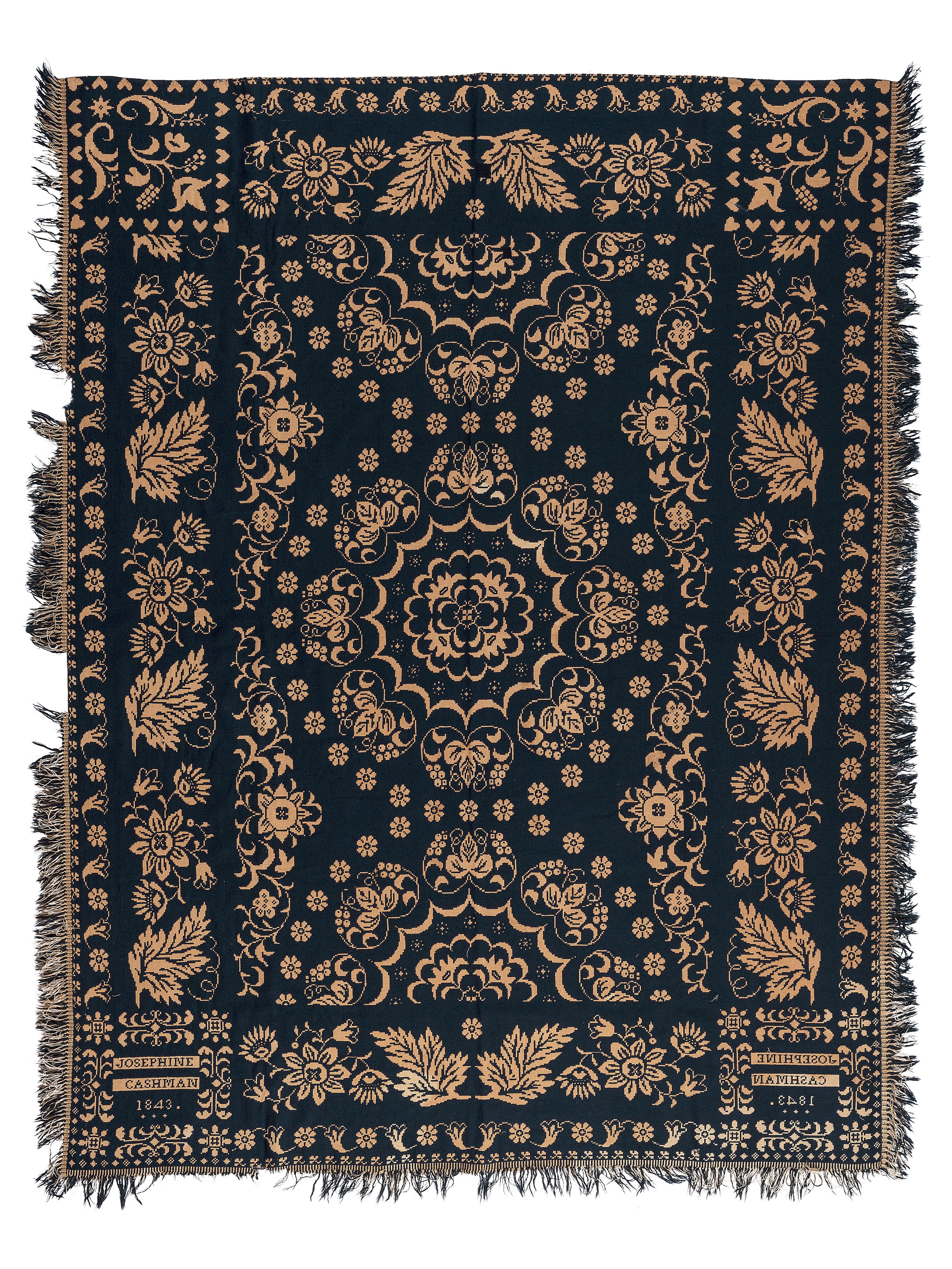 A Flower, Heart and Grape Pattern Jacquard Coverlet