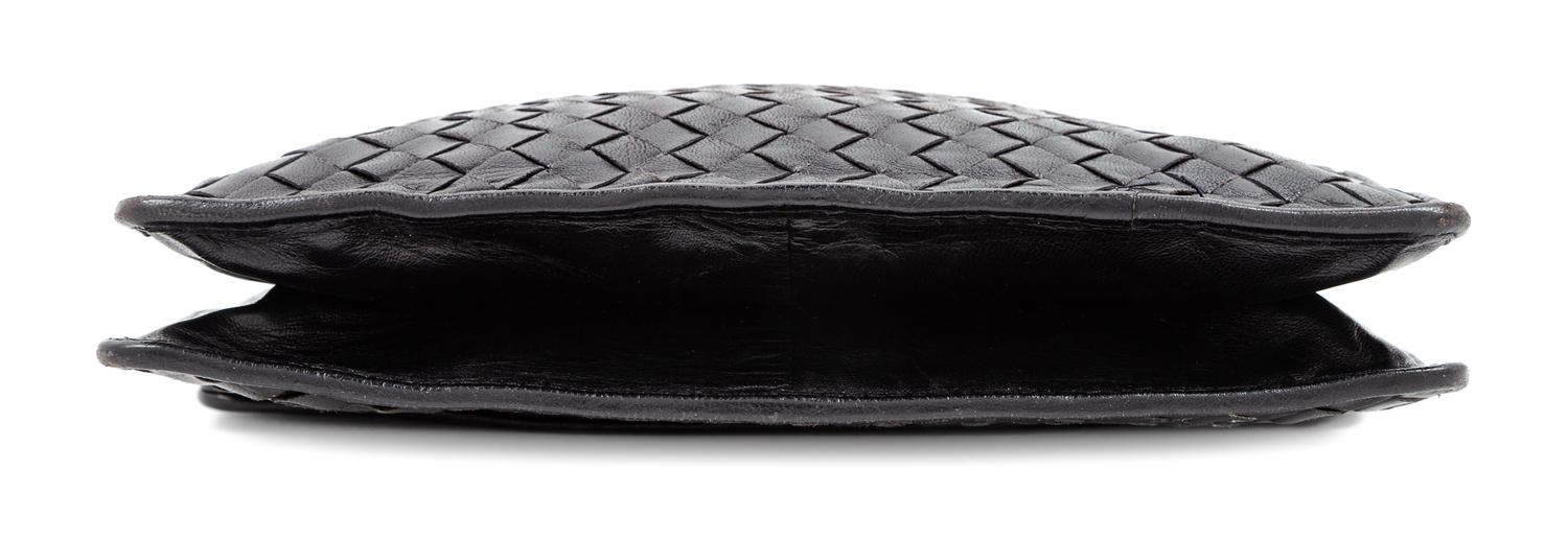 A Bottega Veneta Black Intrecciato Flap Handbag, 8.5" H x 9" W x 2.25" D; Strap drop: 13.5".