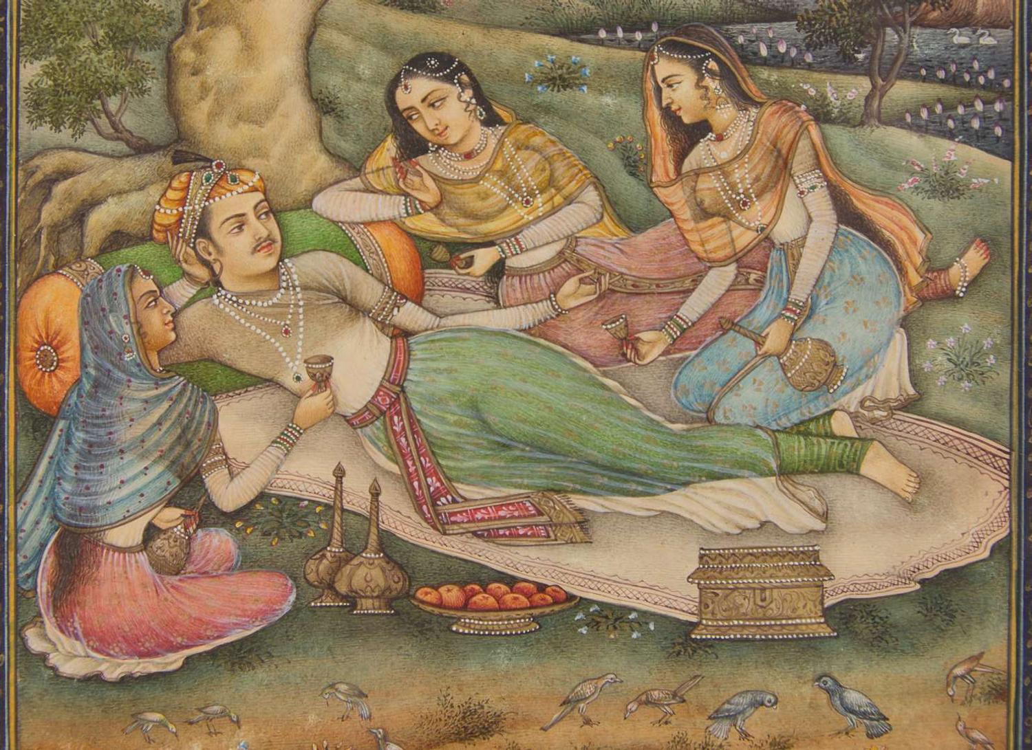 A finely painted Mughal style miniature painting, Prince with Three Attendants 莫臥爾風格袖珍畫