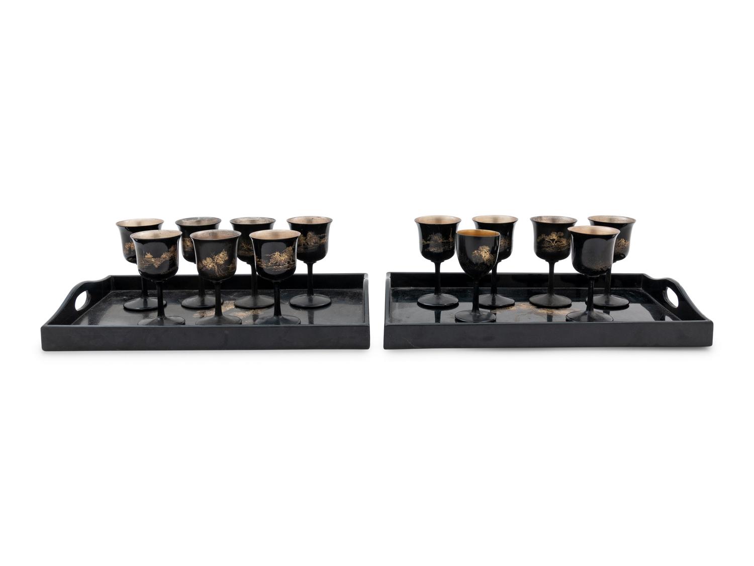 Fifteen Chinese Black and Gilt Lacquer 'Landscape' Articles