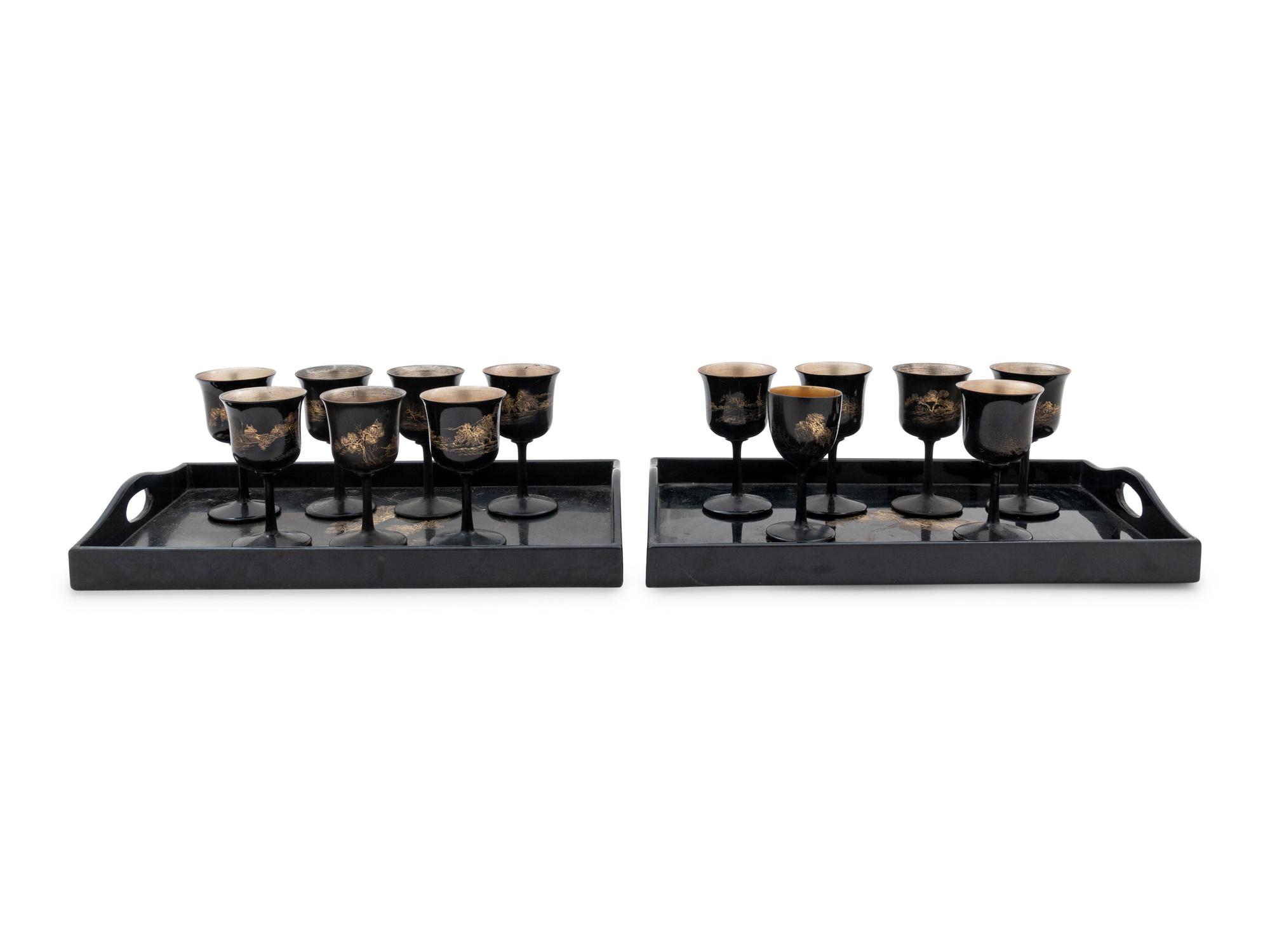 Fifteen Chinese Black and Gilt Lacquer 'Landscape' Articles