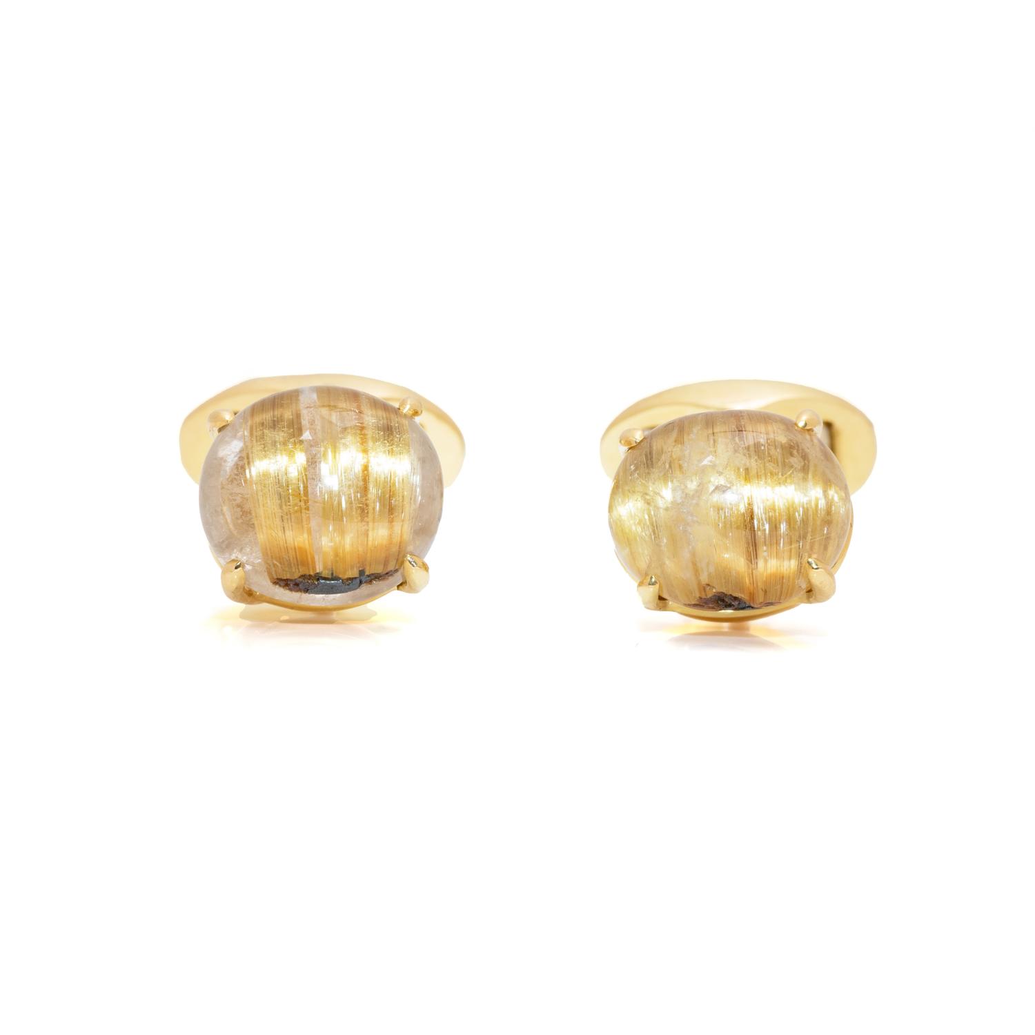 YELLOW GOLD AND CAT'S EYE RUTILATED QUARTZ CUFFLINKS