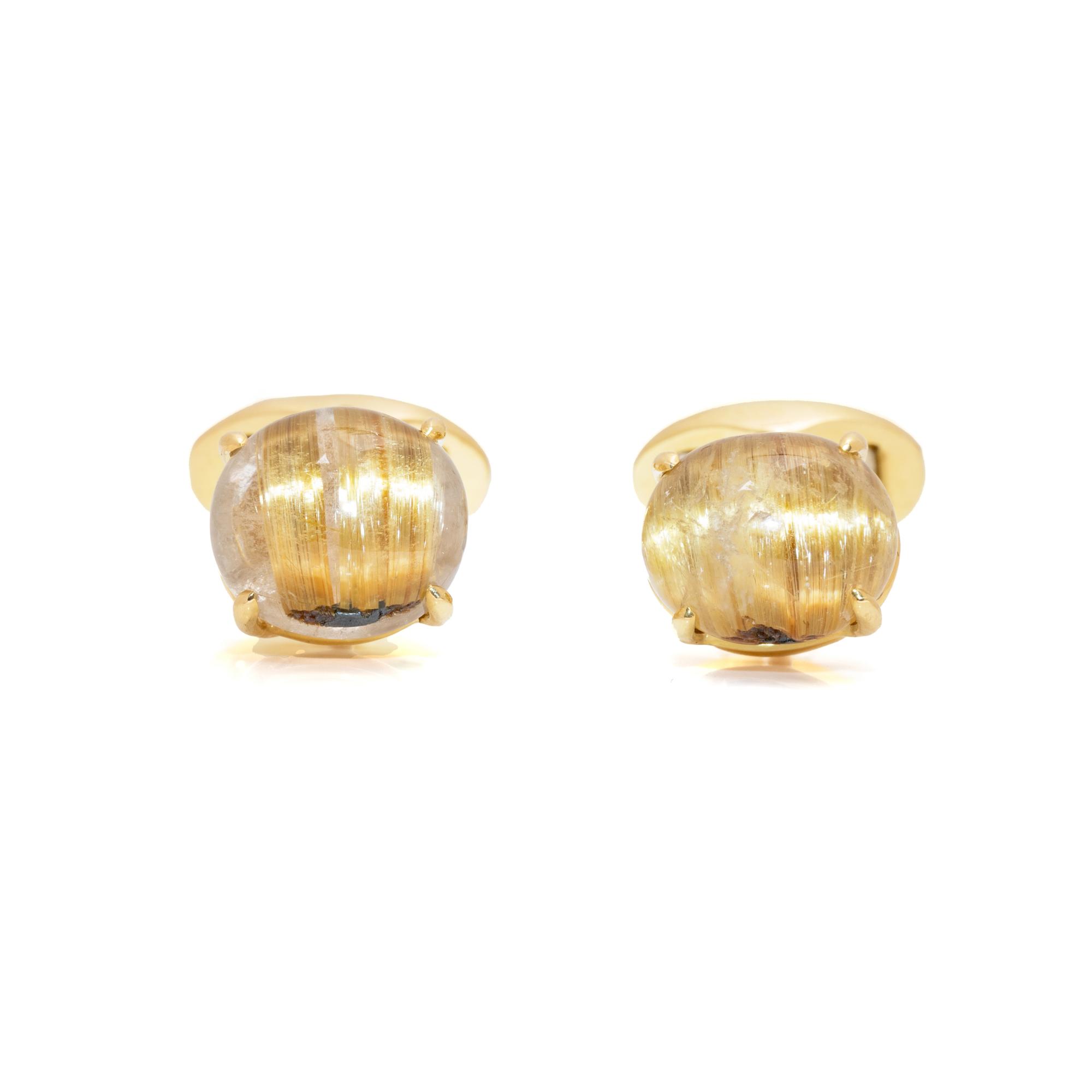 YELLOW GOLD AND CAT'S EYE RUTILATED QUARTZ CUFFLINKS