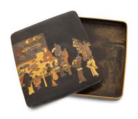 A Japanese Black and Gilt Lacquer Box with Polychromed Figural Scene