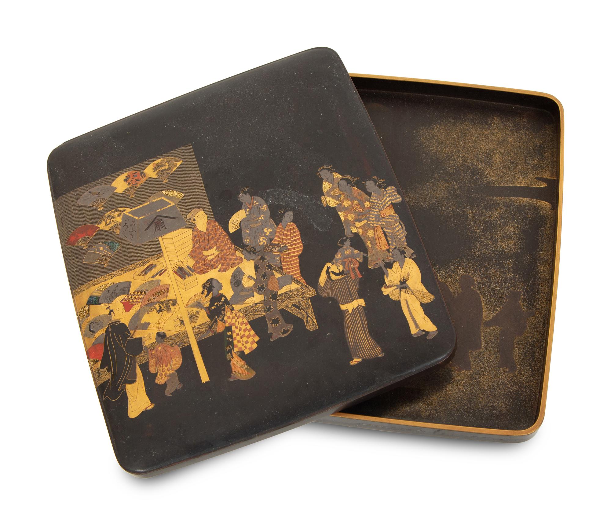 A Japanese Black and Gilt Lacquer Box with Polychromed Figural Scene
