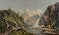 Indians Canoeing on a Mountain Lake