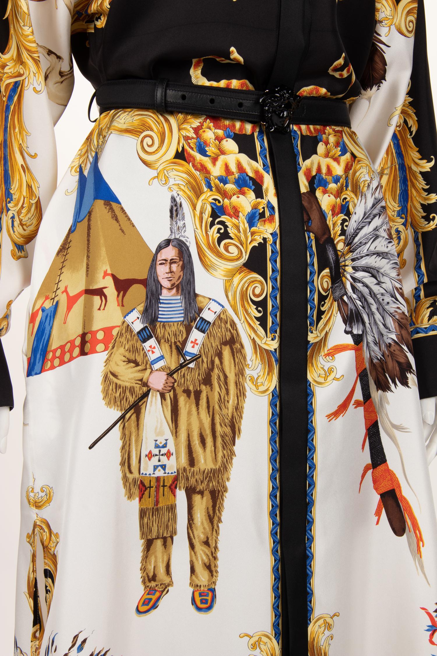 Versace Tribute "Native Americans" Silk Print Shirt Dress, Spring 2018
