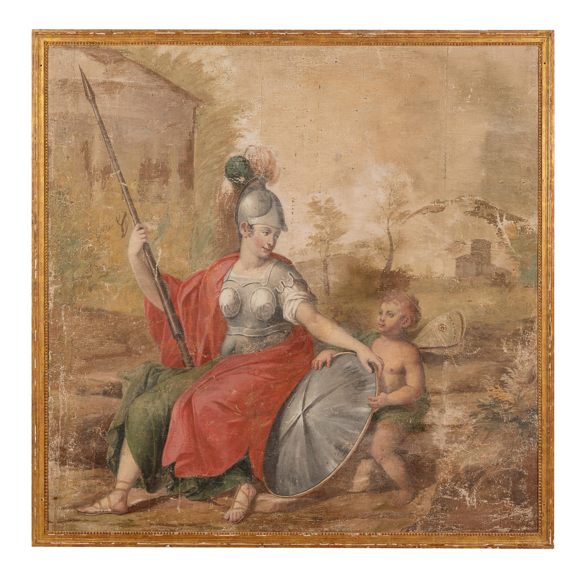 A Continental Painted Canvas Scenic Panel