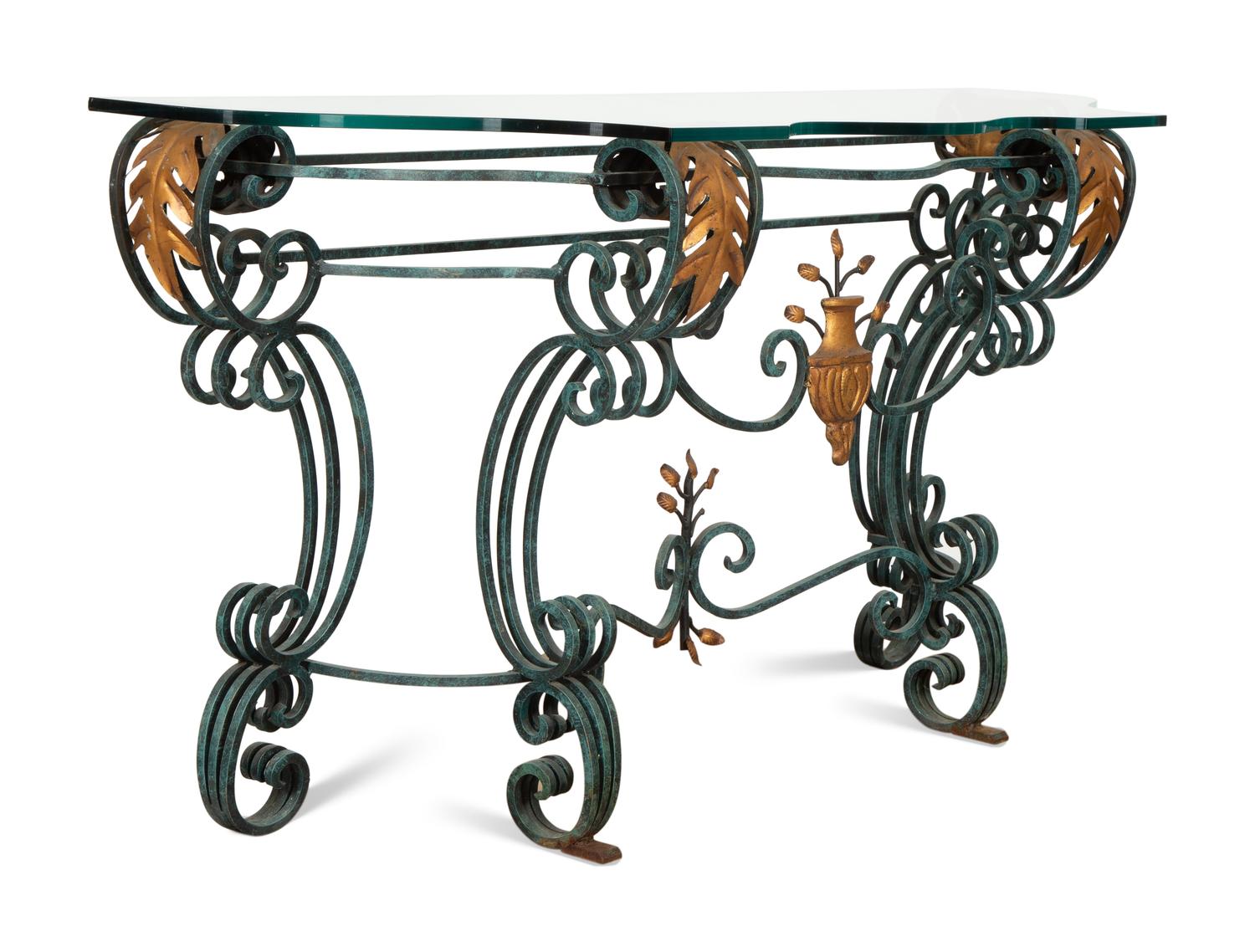 A Painted and Parcel Gilt Wrought Iron Glass-Top Console Table