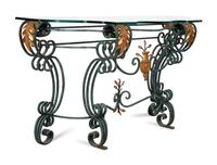 A Painted and Parcel Gilt Wrought Iron Glass-Top Console Table