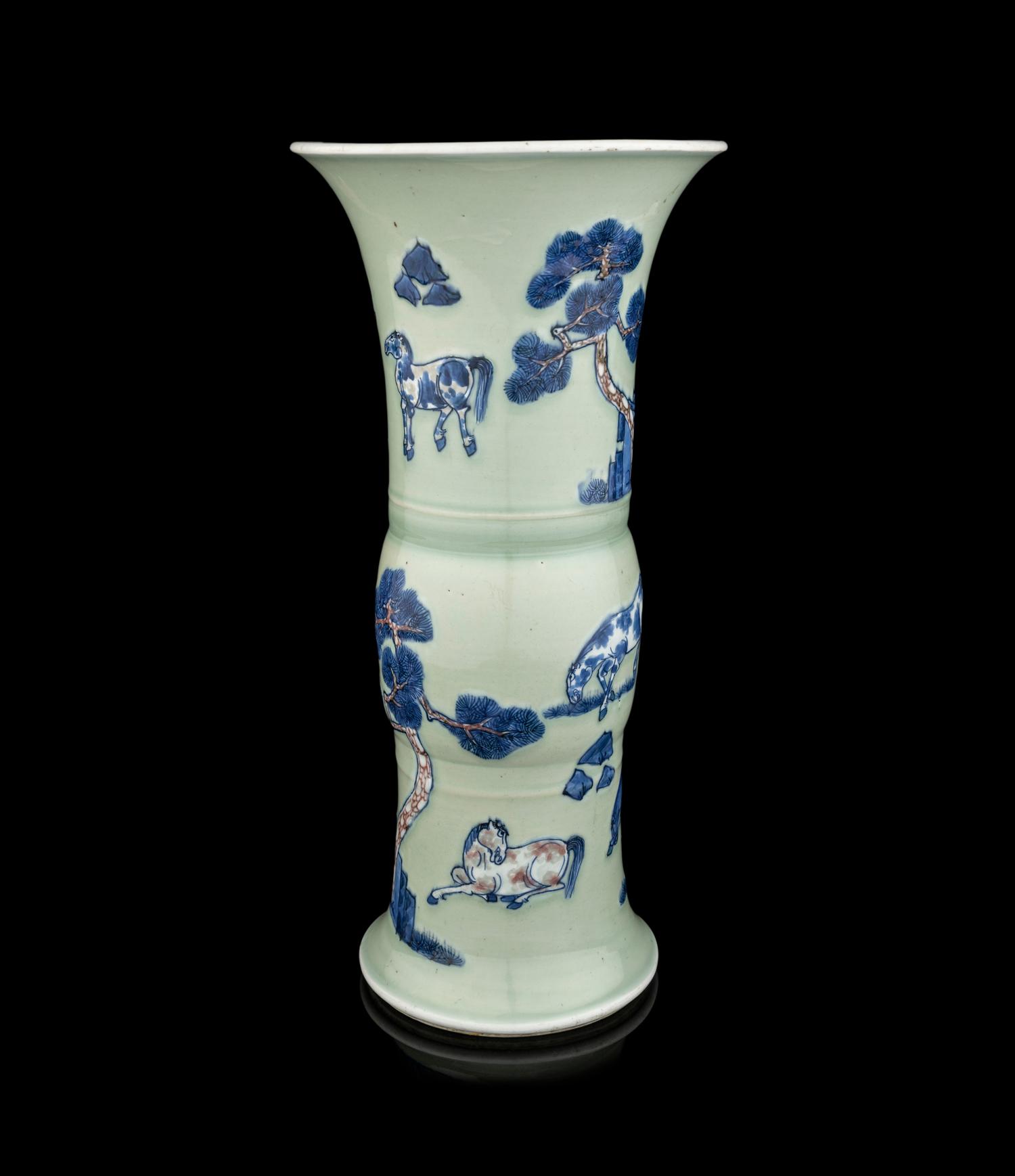 A Chinese Celadon Ground Underglaze Blue and Copper Red Porcelain Gu Vase