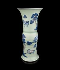 A Chinese Celadon Ground Underglaze Blue and Copper Red Porcelain Gu Vase