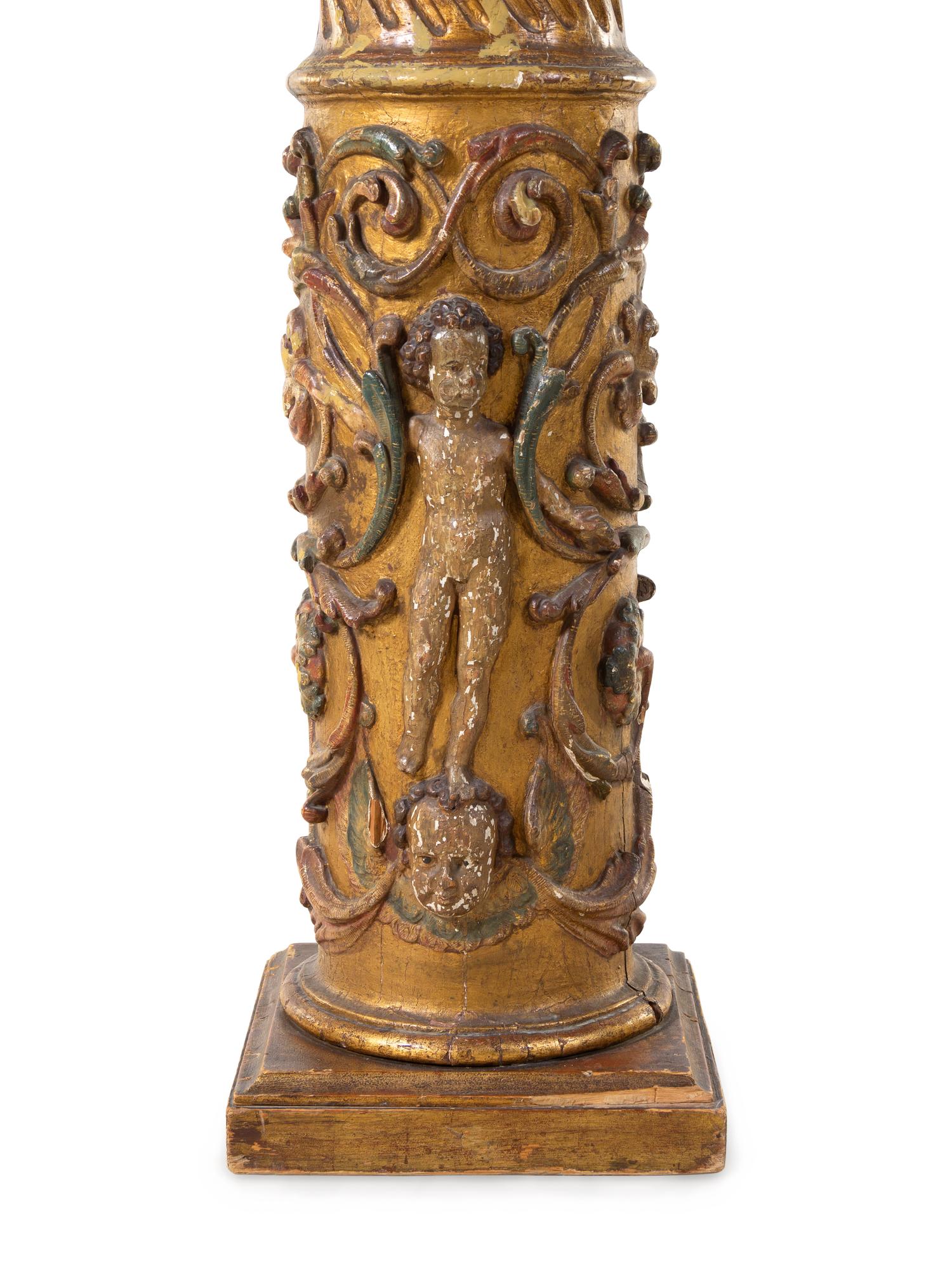 A Neoclassical Gilt and Polychrome Decorated Carved Wood Column