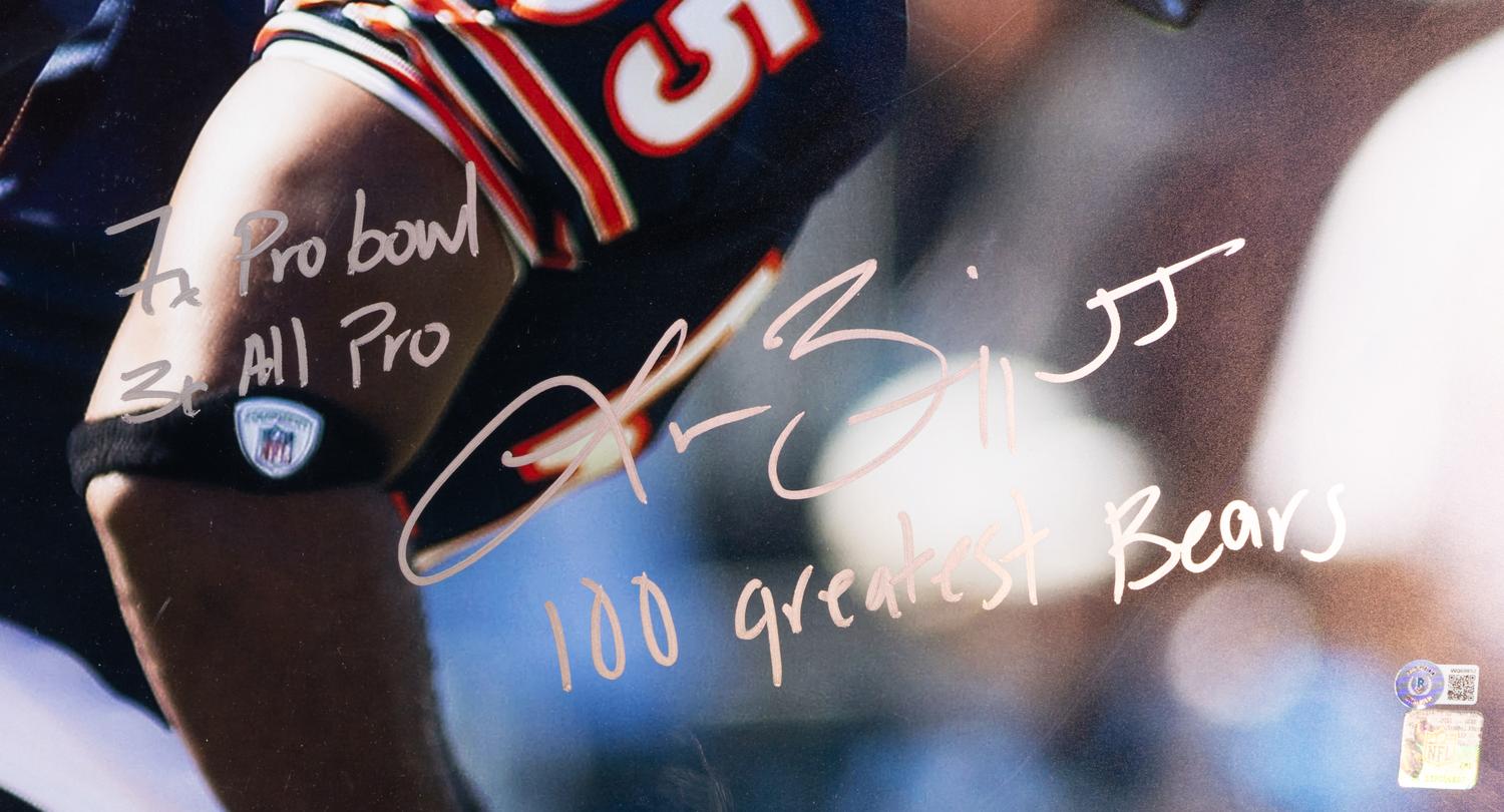 A Brian Urlacher and Lance Briggs 100 Greatest Bears Signed and Multi-Inscribed Poster Print (Beckett Authentication Services Letter of Authenticity)