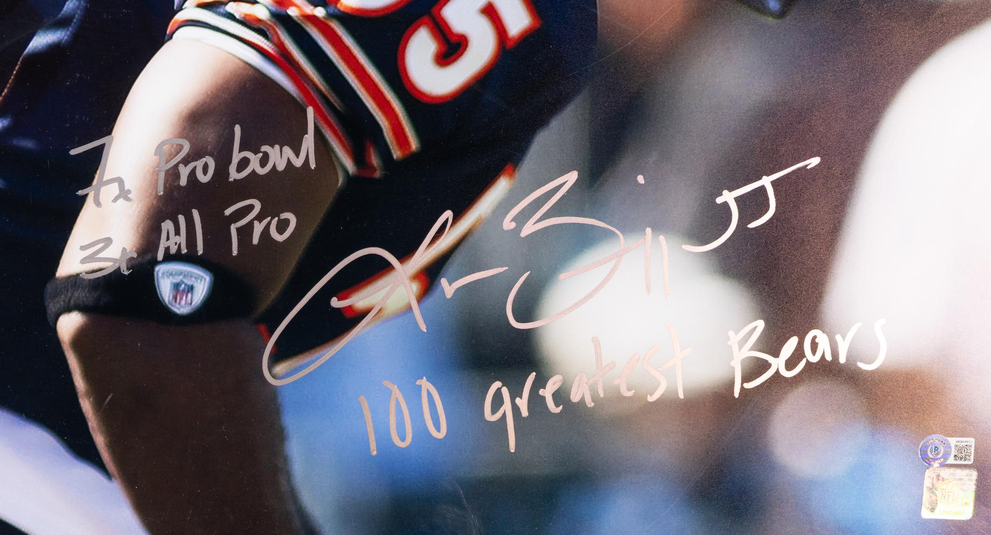 A Brian Urlacher and Lance Briggs 100 Greatest Bears Signed and Multi-Inscribed Poster Print (Beckett Authentication Services Letter of Authenticity)