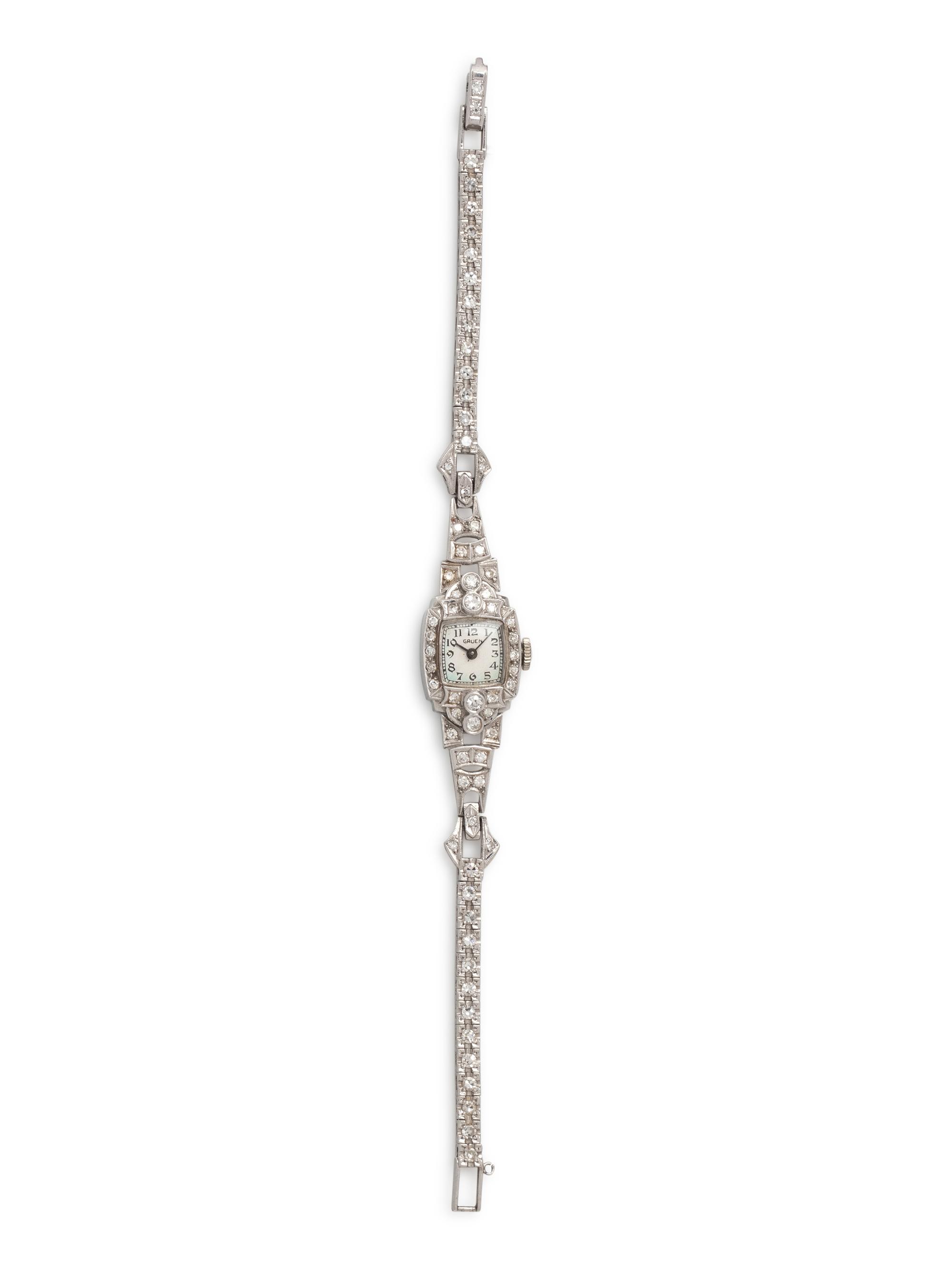 GRUEN, PLATINUM AND DIAMOND WATCH