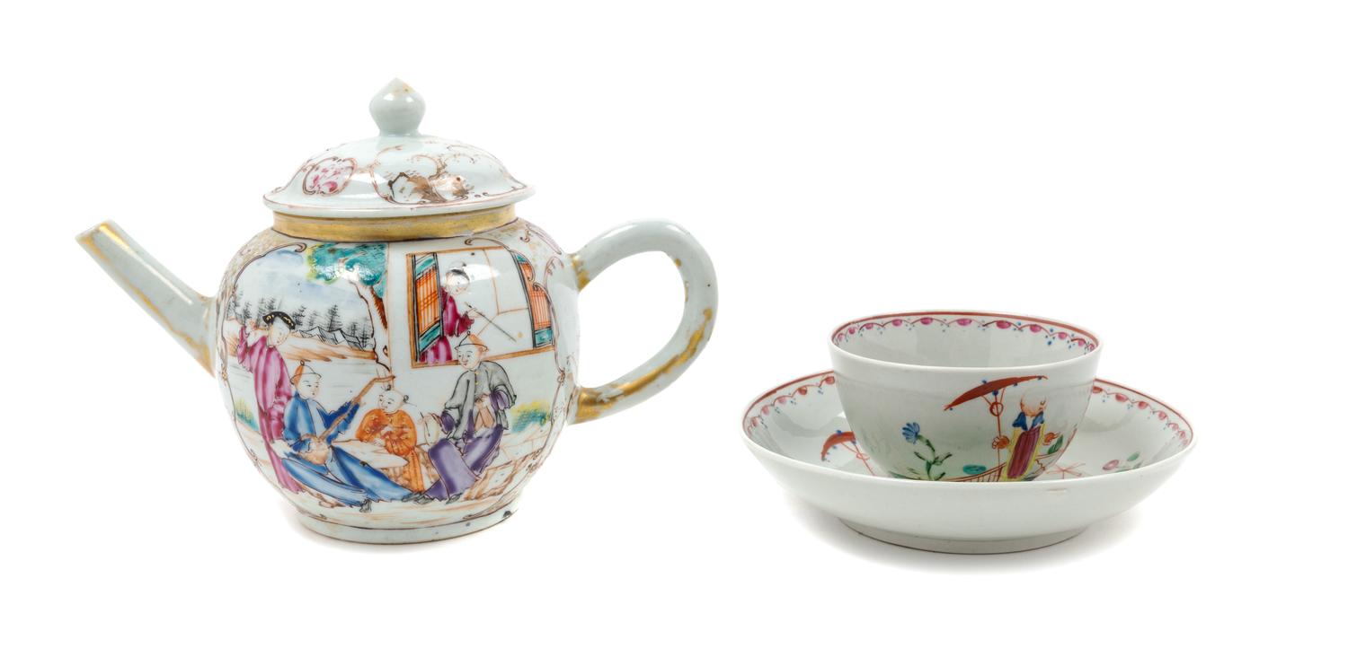 A Chinese Export Famille Rose Porcelain Teapot and Associated Cup and Saucer