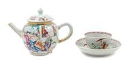 A Chinese Export Famille Rose Porcelain Teapot and Associated Cup and Saucer