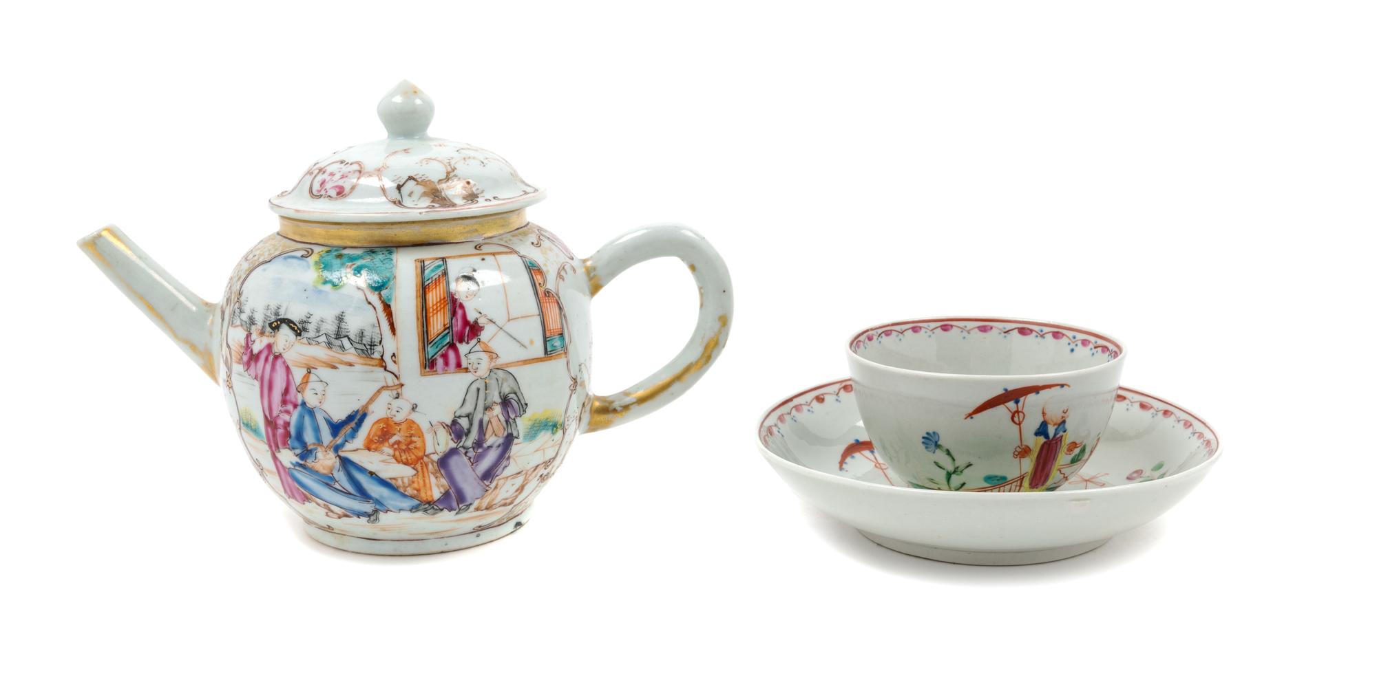 A Chinese Export Famille Rose Porcelain Teapot and Associated Cup and Saucer