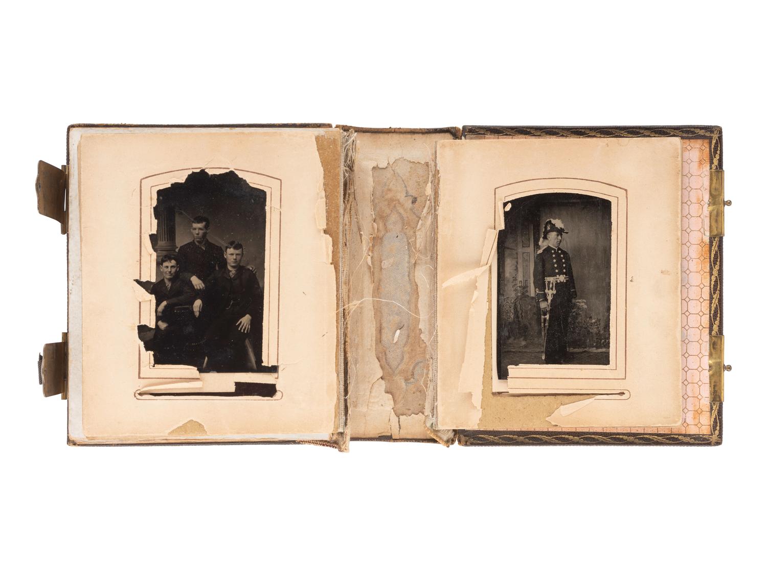[EARLY PHOTOGRAPHY]. Four albums containing CDVs, tintypes, and cabinet cards of varying subjects.