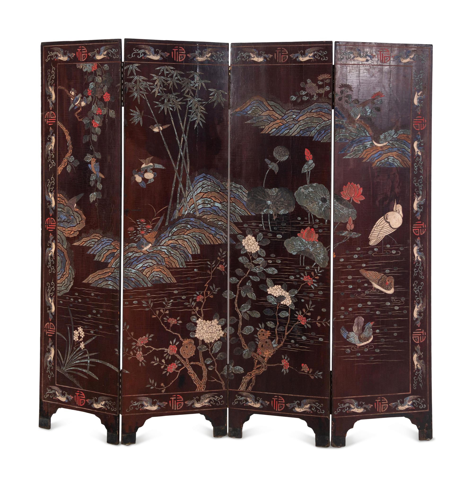 A Chinese Export Lacquer Four-Panel Screen
