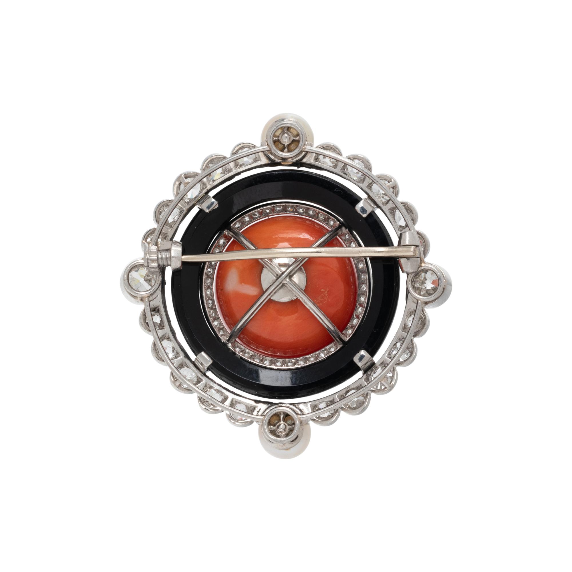 CORAL, ONYX, PEARL AND DIAMOND BROOCH