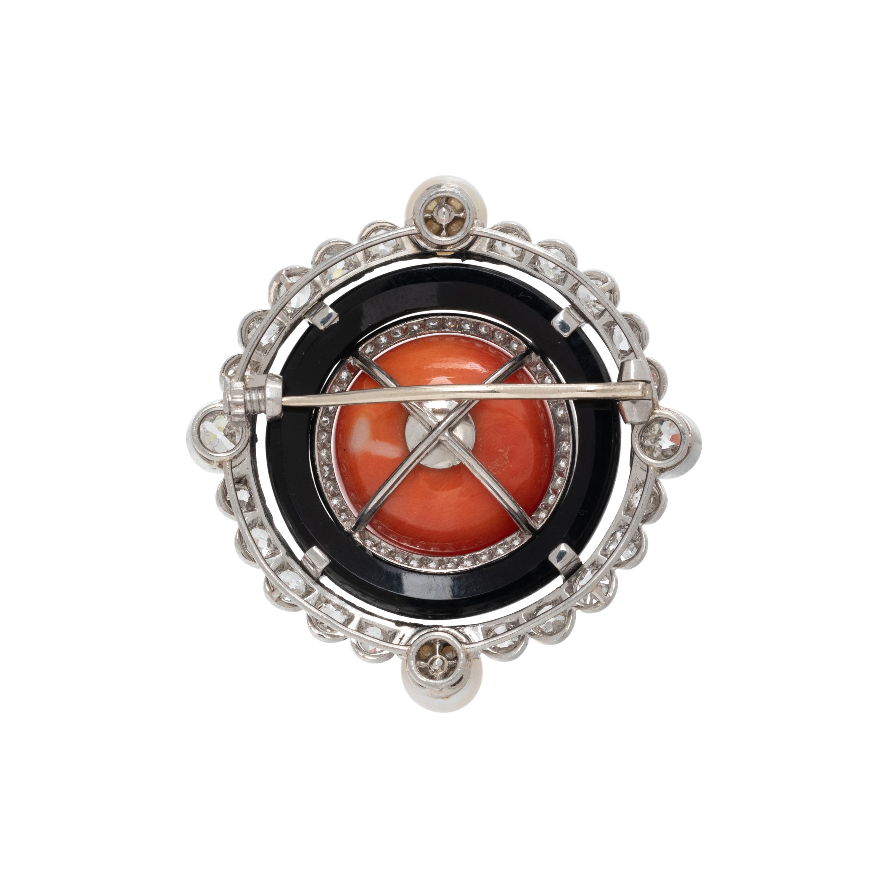CORAL, ONYX, PEARL AND DIAMOND BROOCH