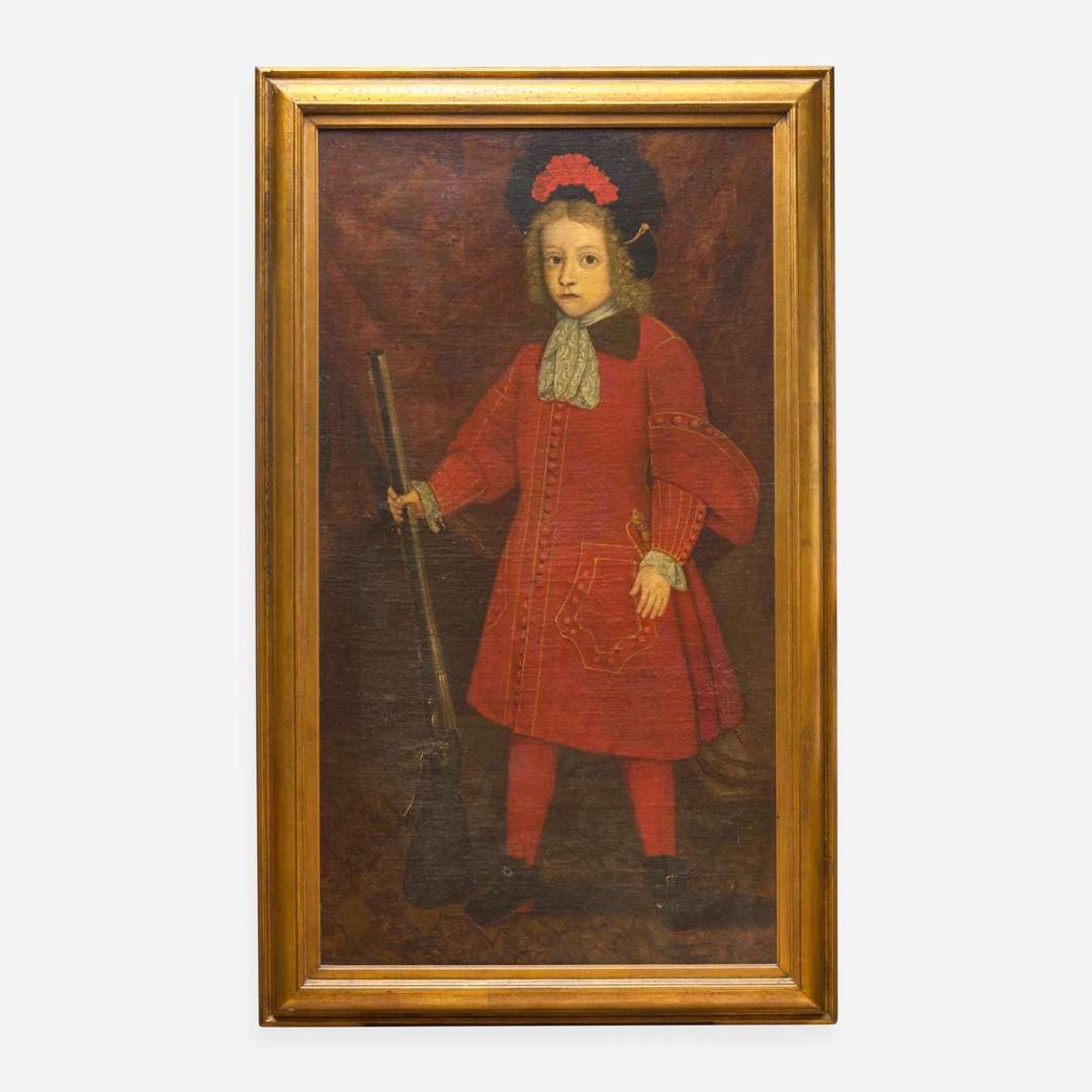 Spanish School 17th / 18th century Portrait of a Young Boy in Red with Gun