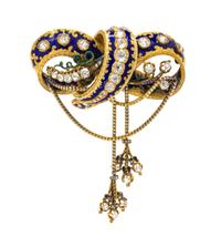 A Victorian Yellow Gold, Diamond and Polychrome Enamel Bow Brooch, 24.60 dwts.