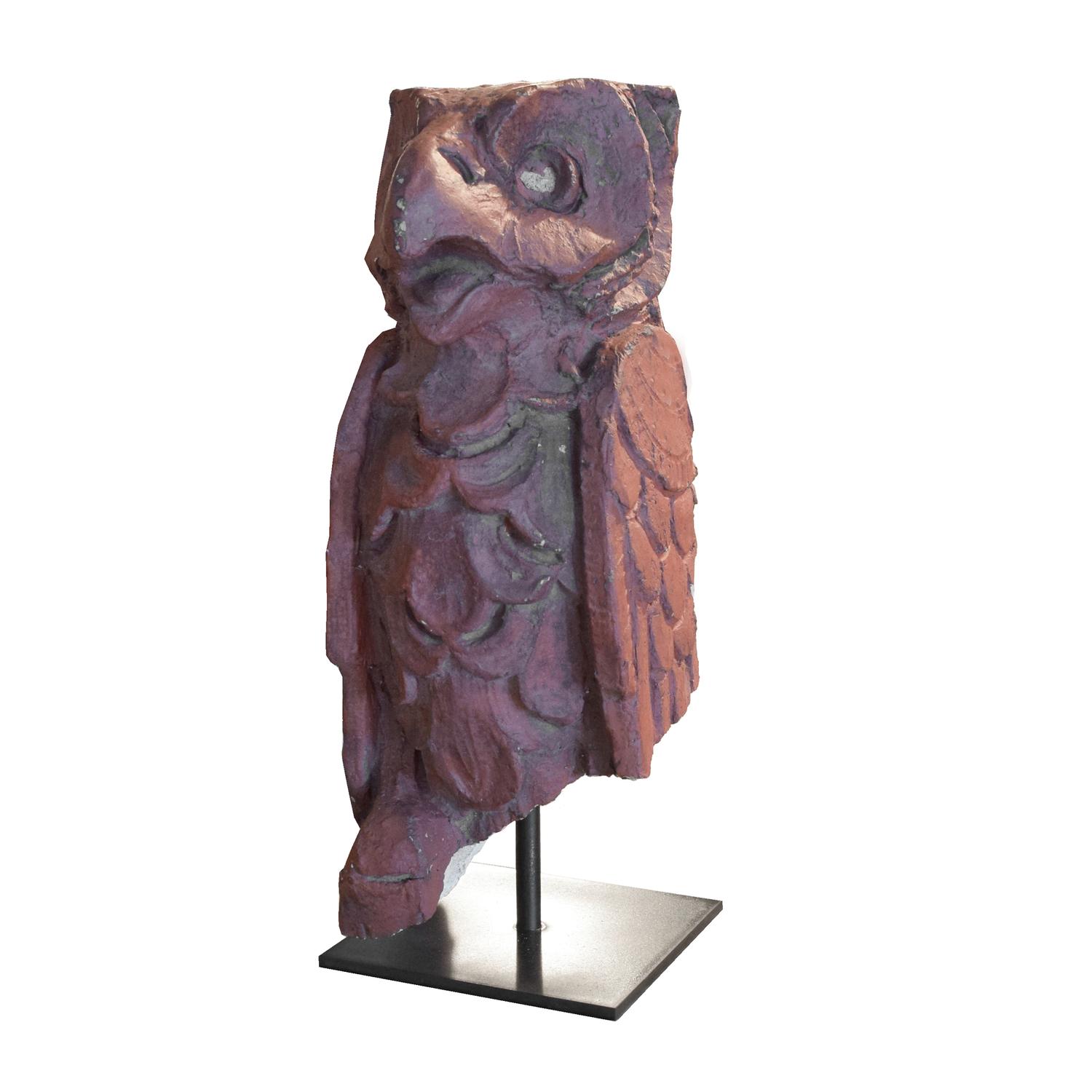 A Terra Cotta Building Ornament in the Form of an Owl 6" W x 6" D x 16.5" H — United States, Circa 1920