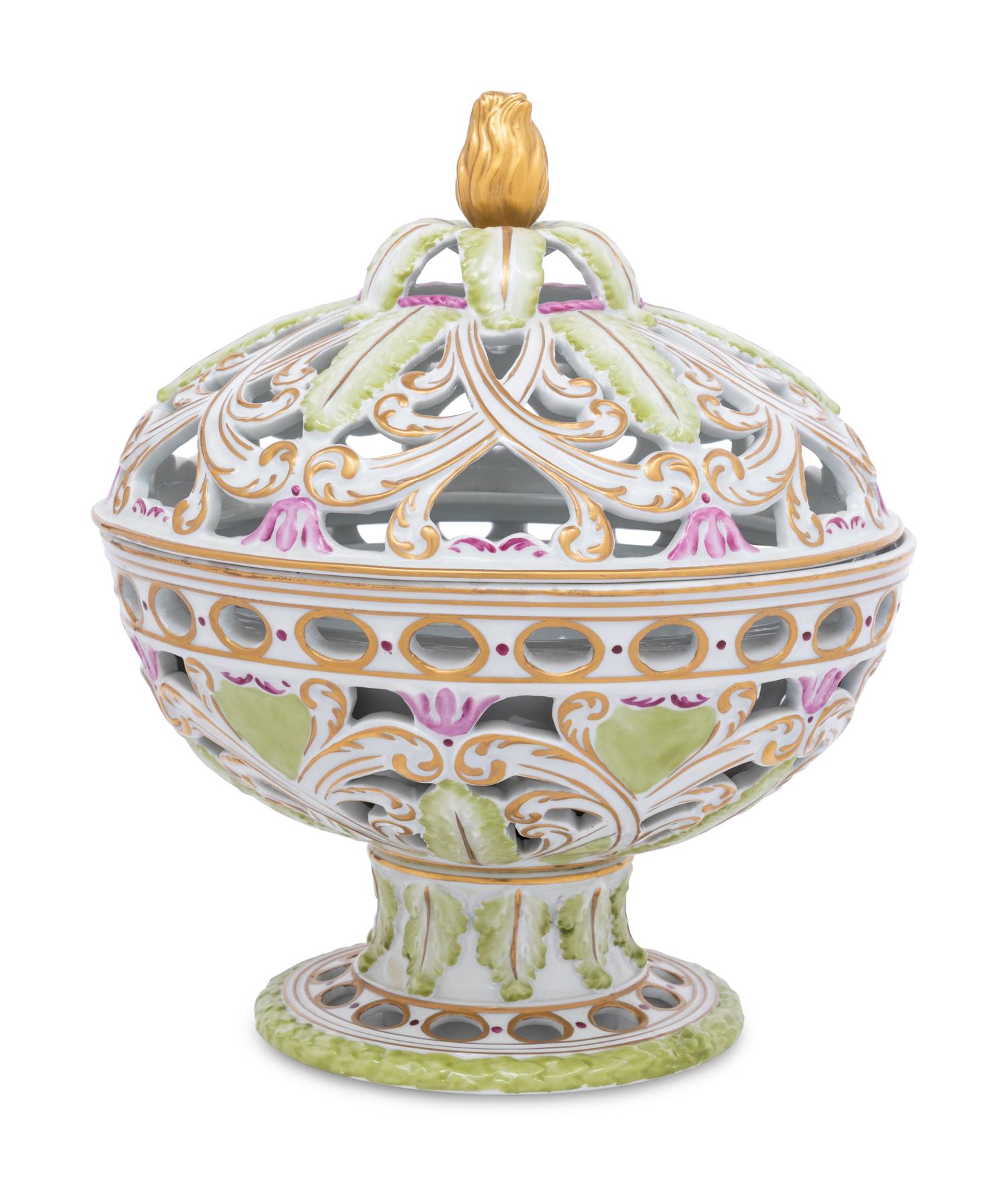 A French Polychrome Glazed Porcelain Reticulated Bowl and Cover