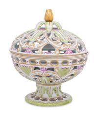 A French Polychrome Glazed Porcelain Reticulated Bowl and Cover