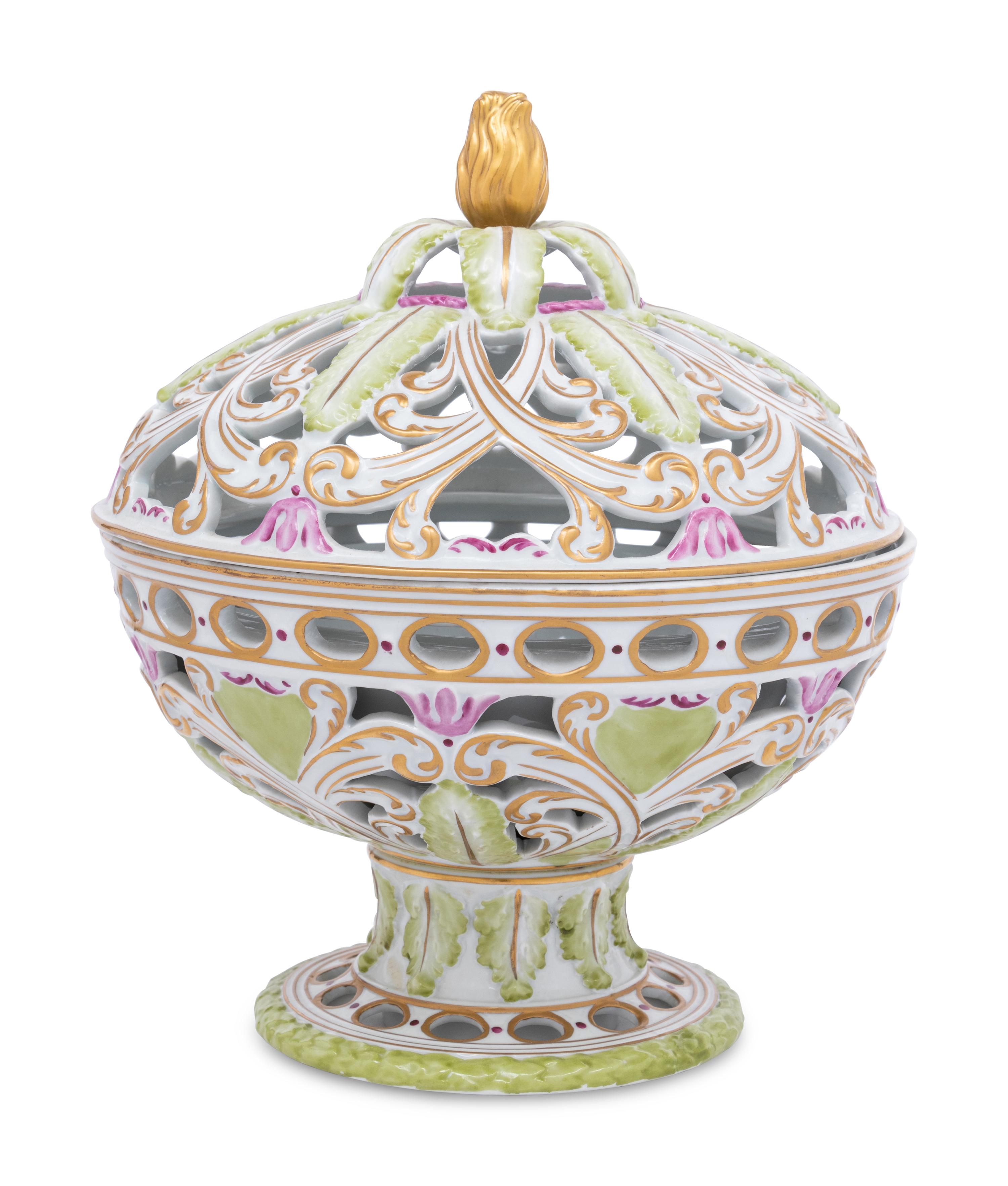 A French Polychrome Glazed Porcelain Reticulated Bowl and Cover