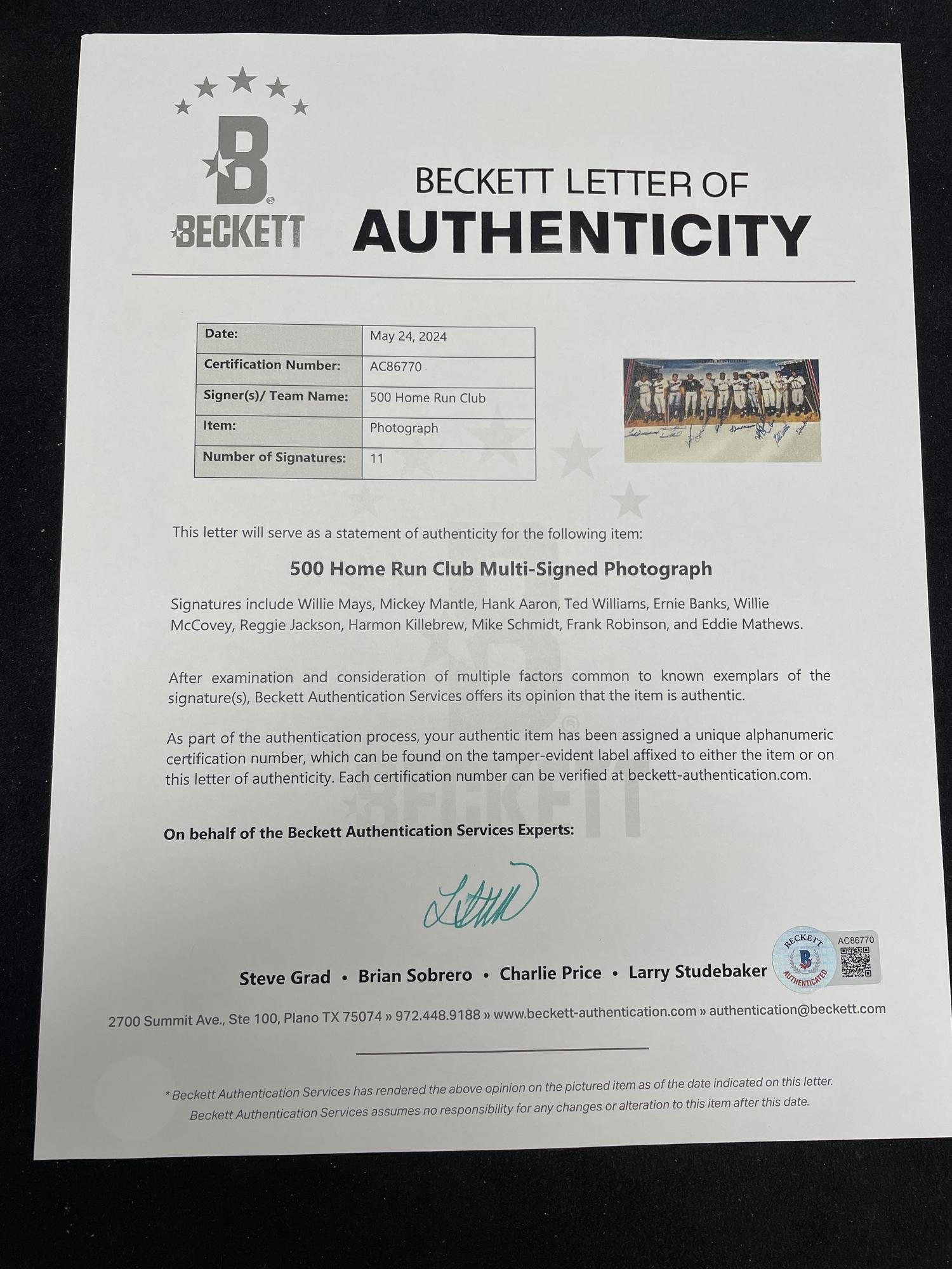 A 500 Home Run Club Signed Autograph 1980s Print with 11 Signatures (Beckett Authentication Services)