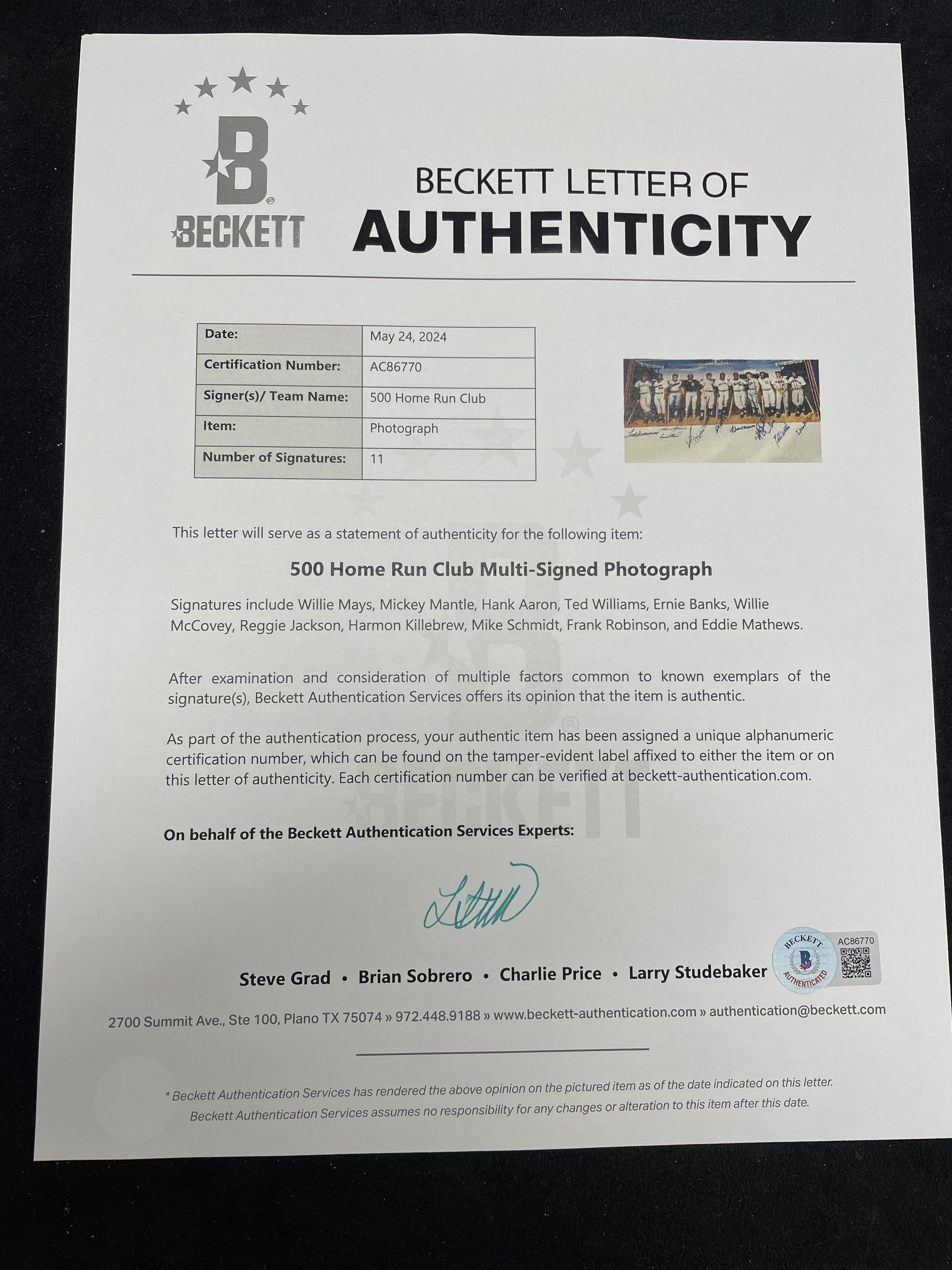 A 500 Home Run Club Signed Autograph 1980s Print with 11 Signatures (Beckett Authentication Services)