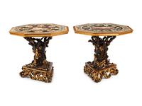 A Pair of Italian Grotto Style Painted and Parcel Gilt Tables