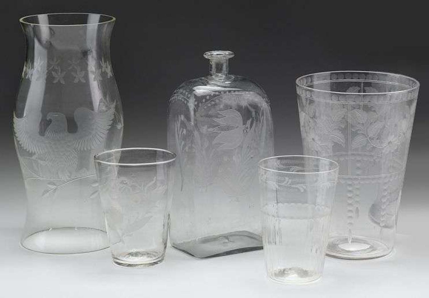 Group of etched uncolored blown glassware 19th century