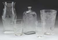 Group of etched uncolored blown glassware 19th century