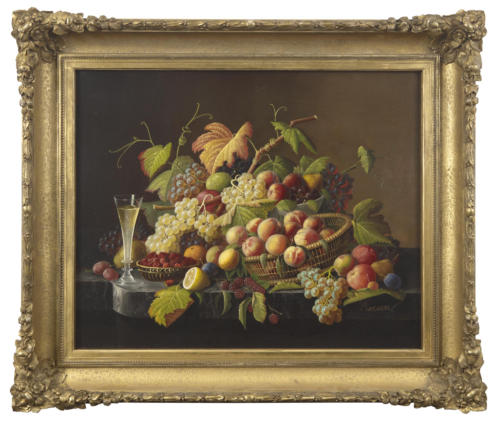 Still Life with Fruit and Champagne on a Marble Ledge , c. 1860