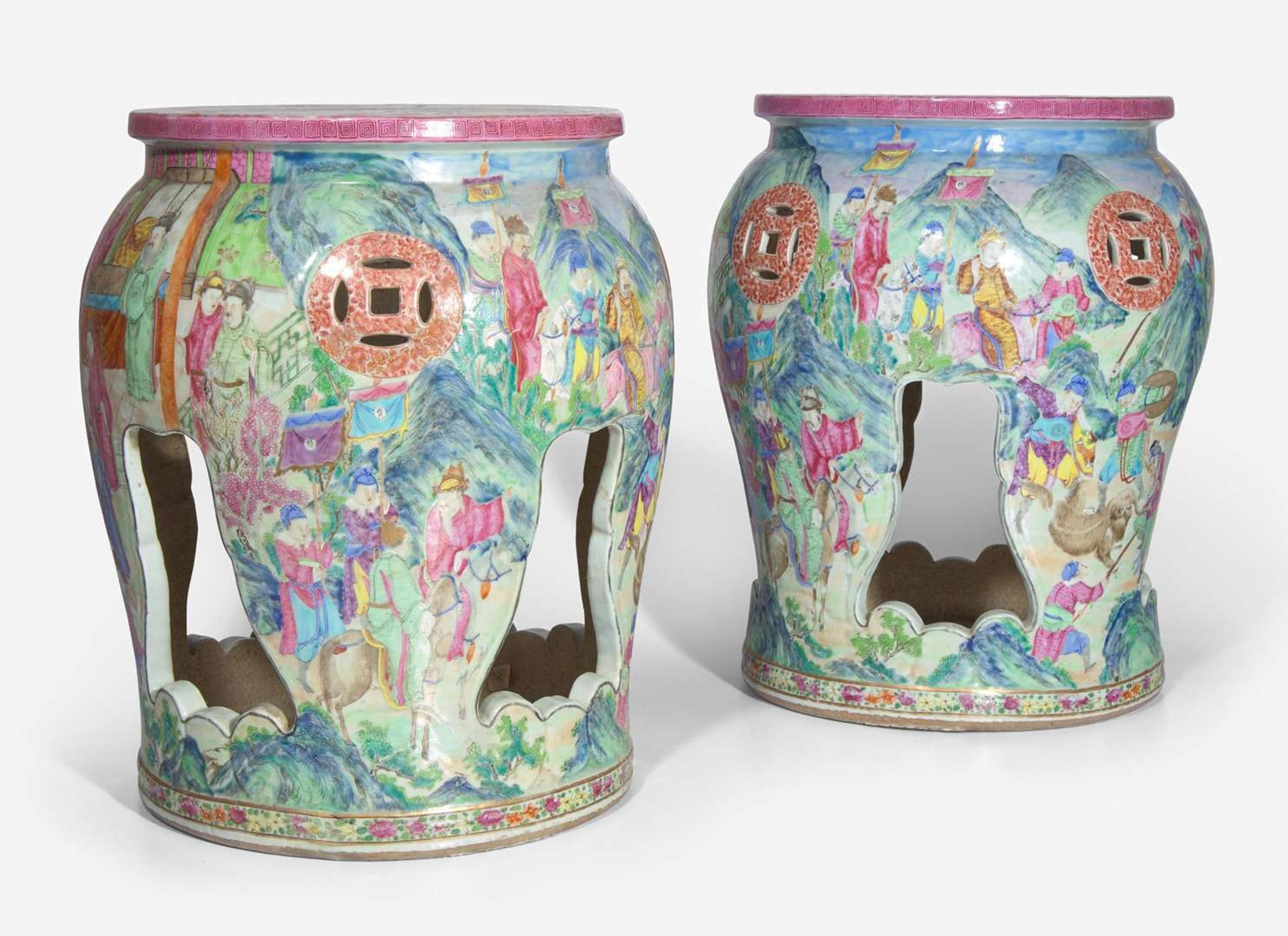 An unusual pair of Chinese export porcelain famille rose-decorated garden stools, first half 19th Century 粉彩繡墩一對 十九世紀初