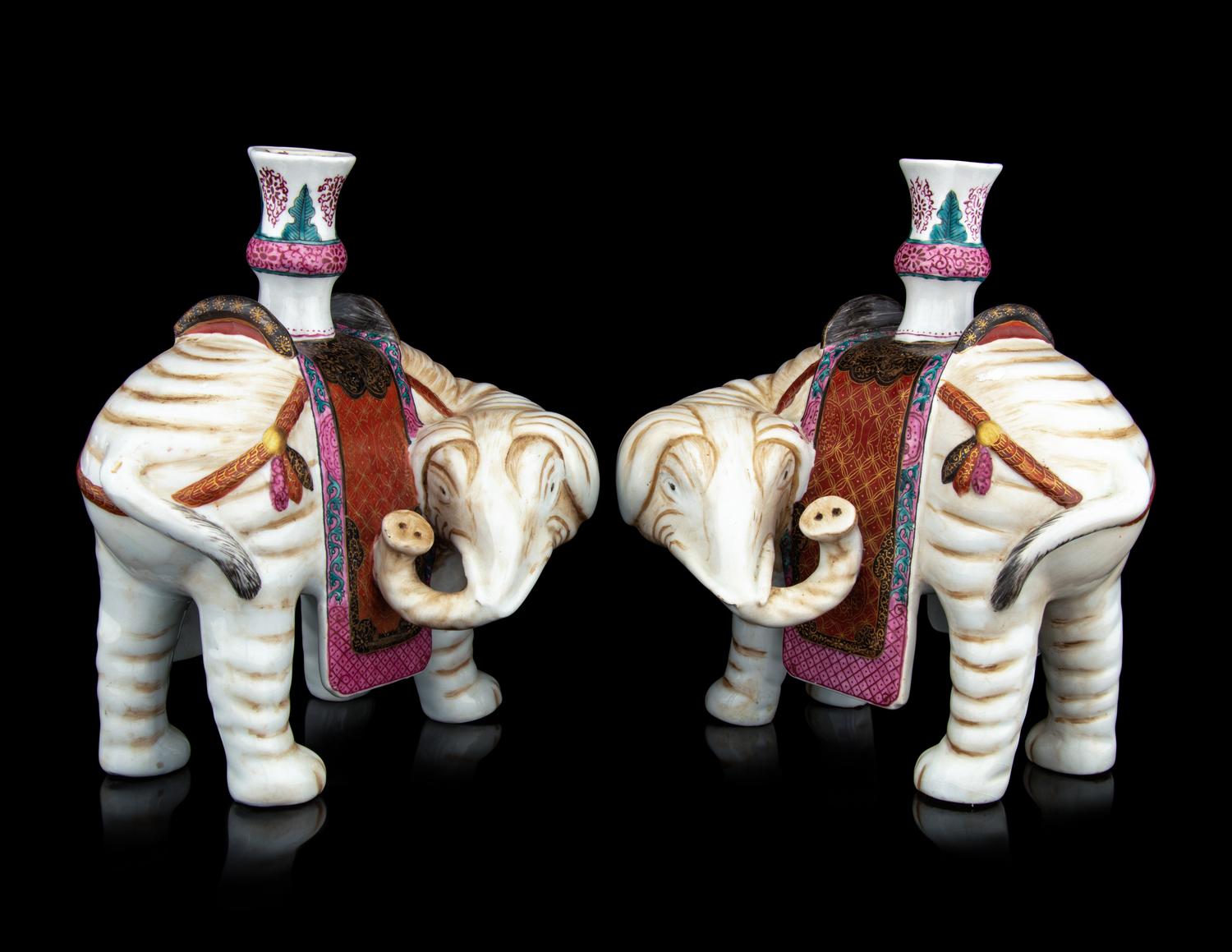 A Pair of Chinese Famille Rose Porcelain Elephant-Form Candle Holders