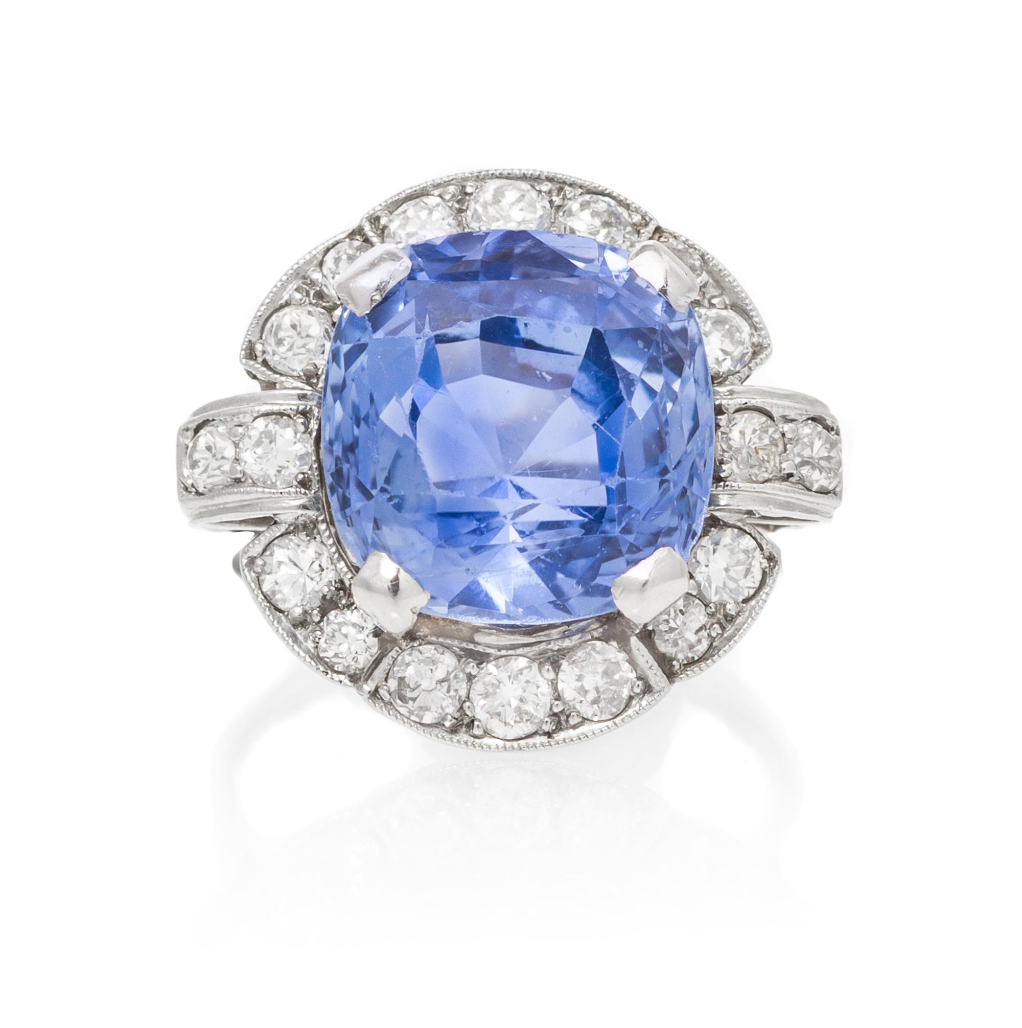 An Art Deco Platinum, Natural Ceylon Sapphire and Diamond Ring, 4.70 dwts.