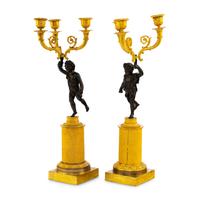 A Pair of French Gilt and Patinated Bronze Three-Light Candleabra
