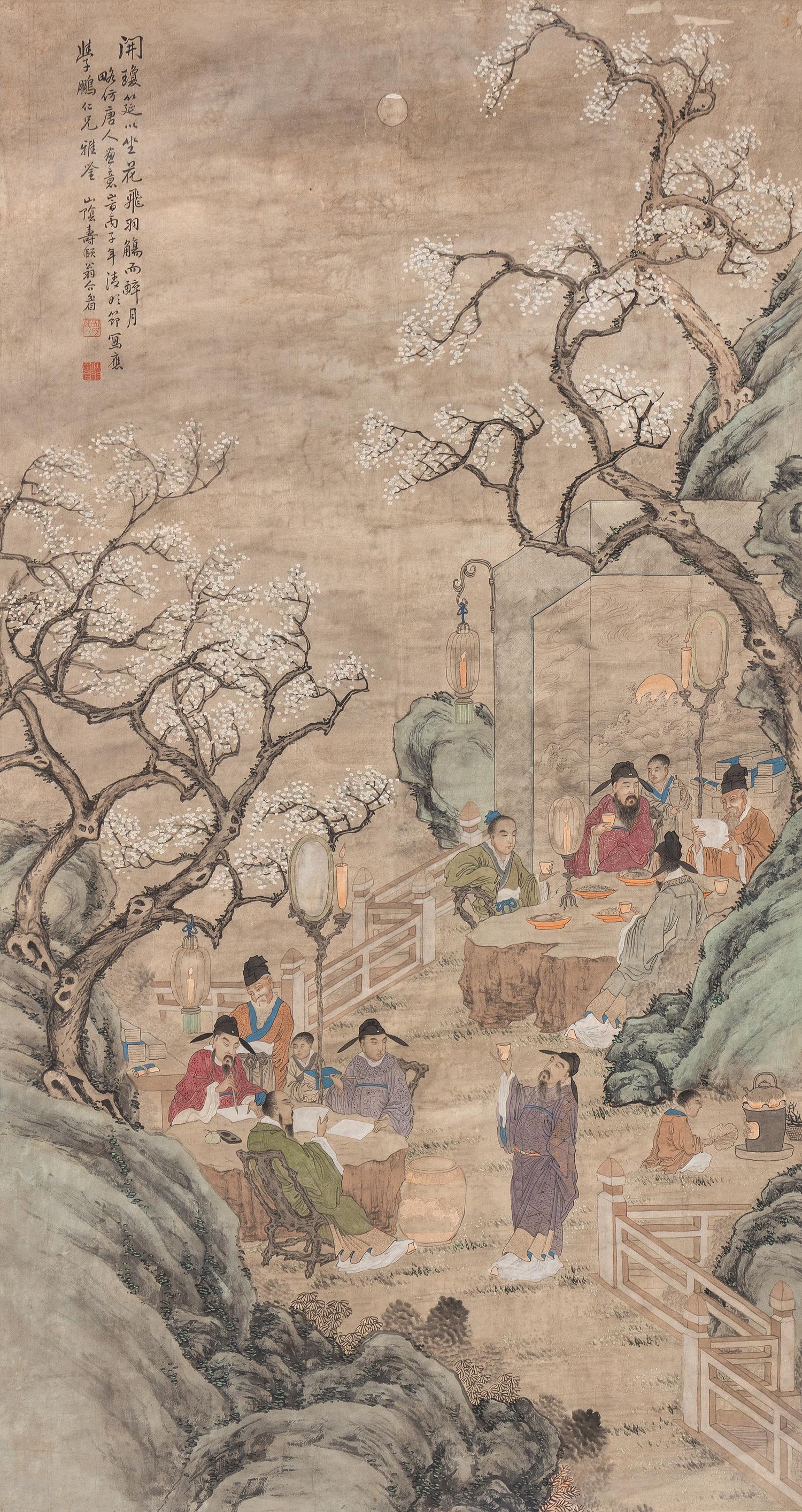 A Chinese Ink and Color on Paper Painting Depicting a Gathering Scene of Scholars