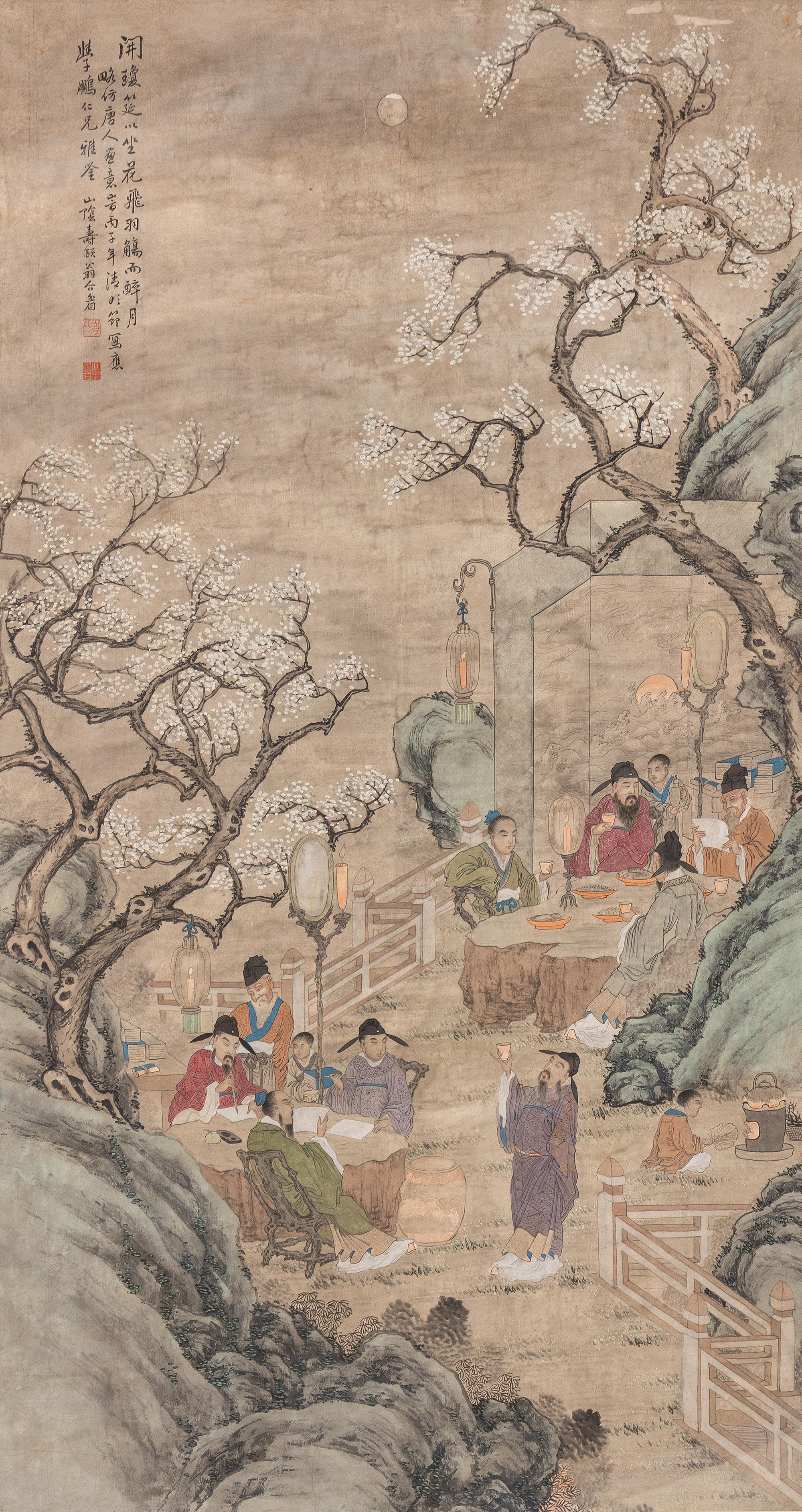A Chinese Ink and Color on Paper Painting Depicting a Gathering Scene of Scholars