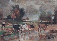 Artist Unknown, (Continental, 19th century), Cows in a Stream