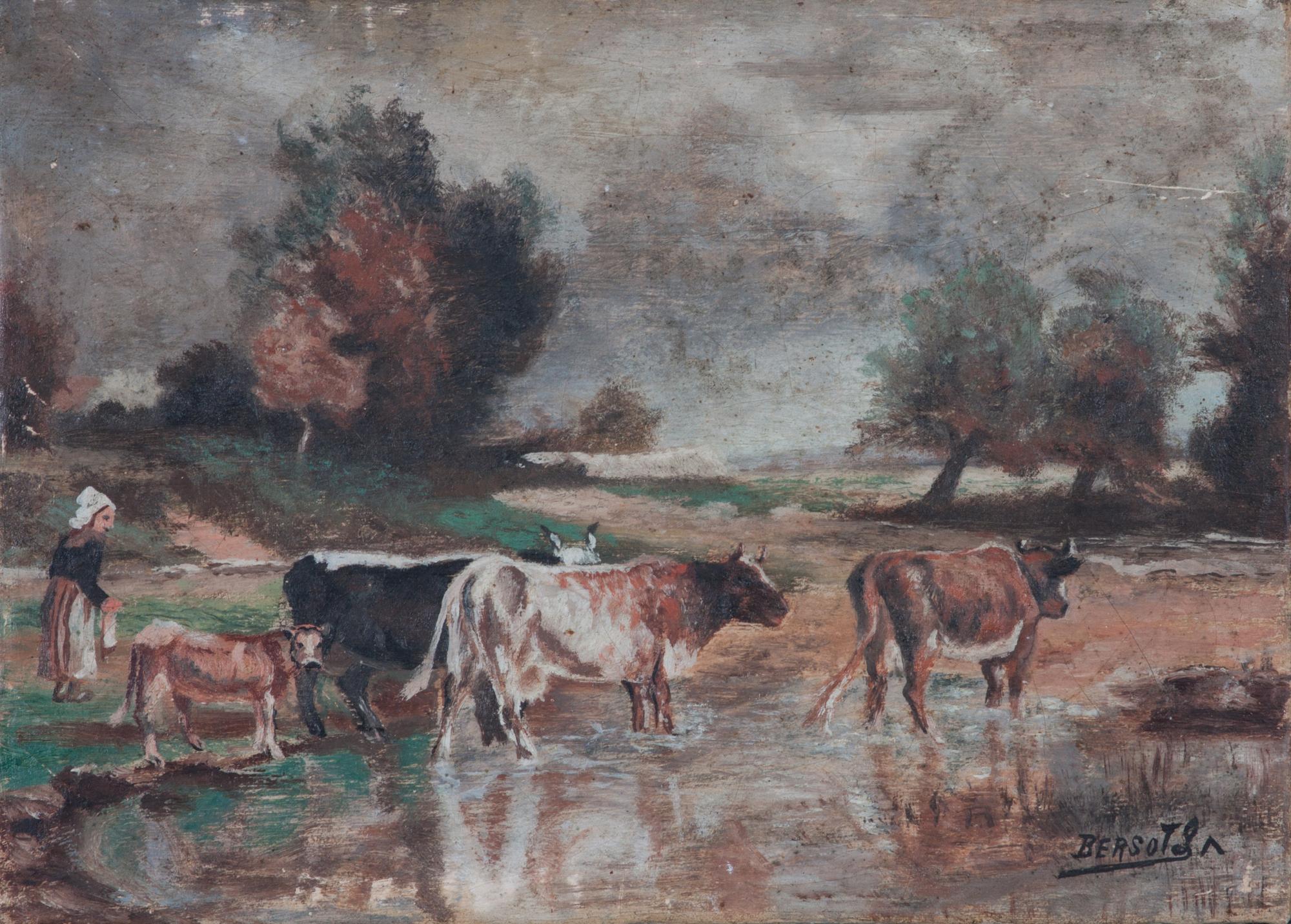Artist Unknown, (Continental, 19th century), Cows in a Stream