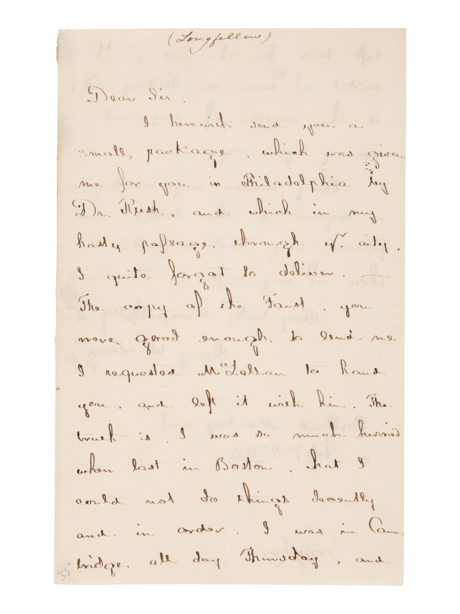[Literature] Longfellow, Henry Wadsworth . Autograph Letter, signed