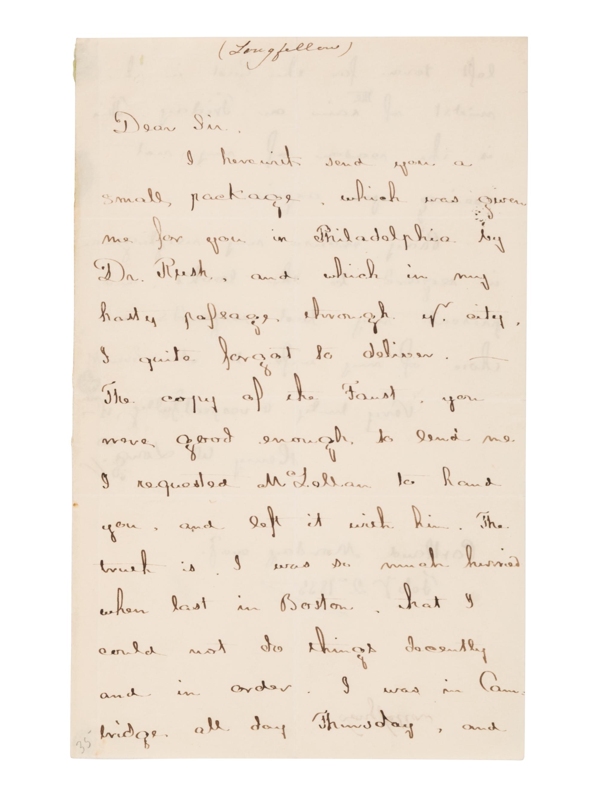 [Literature] Longfellow, Henry Wadsworth . Autograph Letter, signed